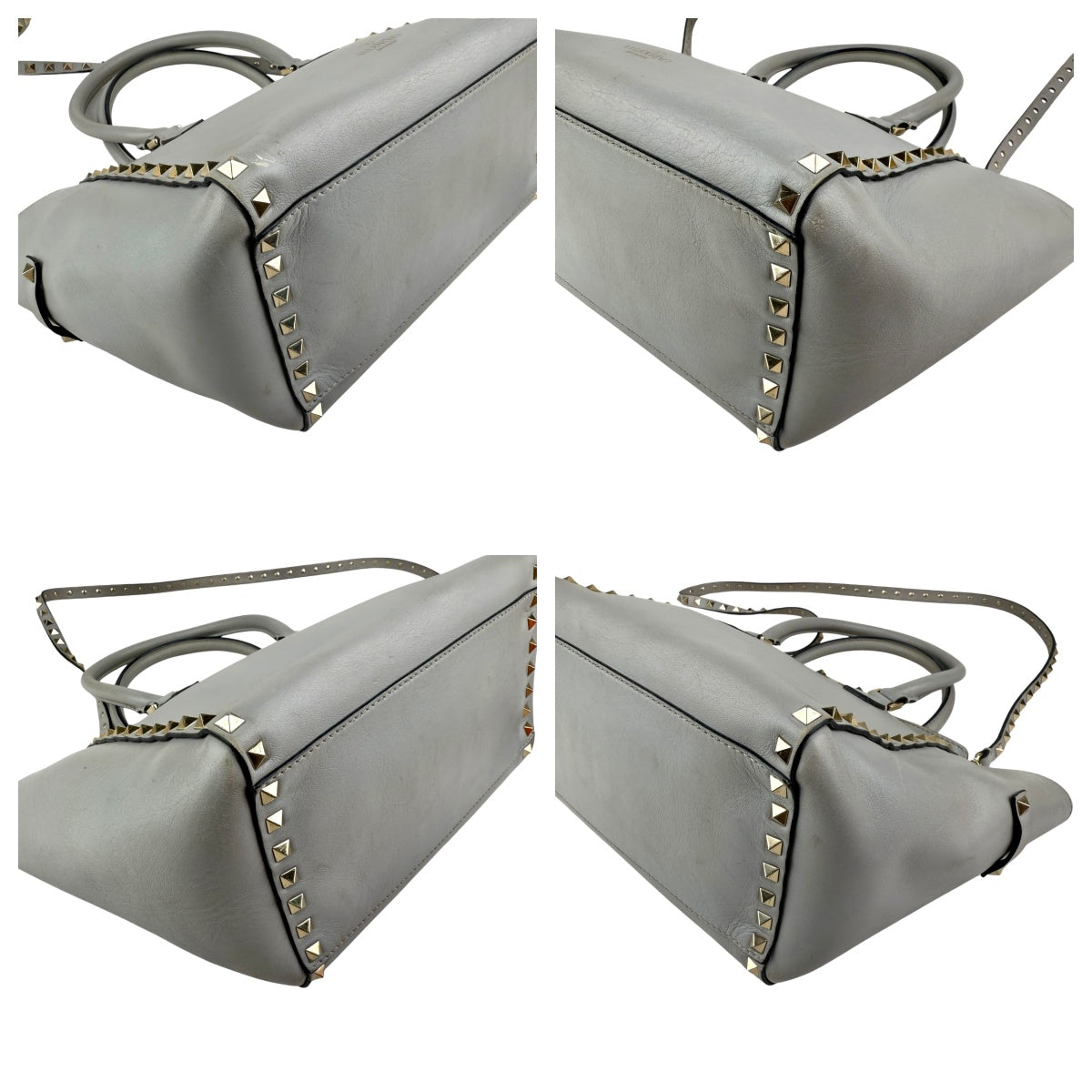 Pre-owned valentino grey leather rockstud trapeze handbag front