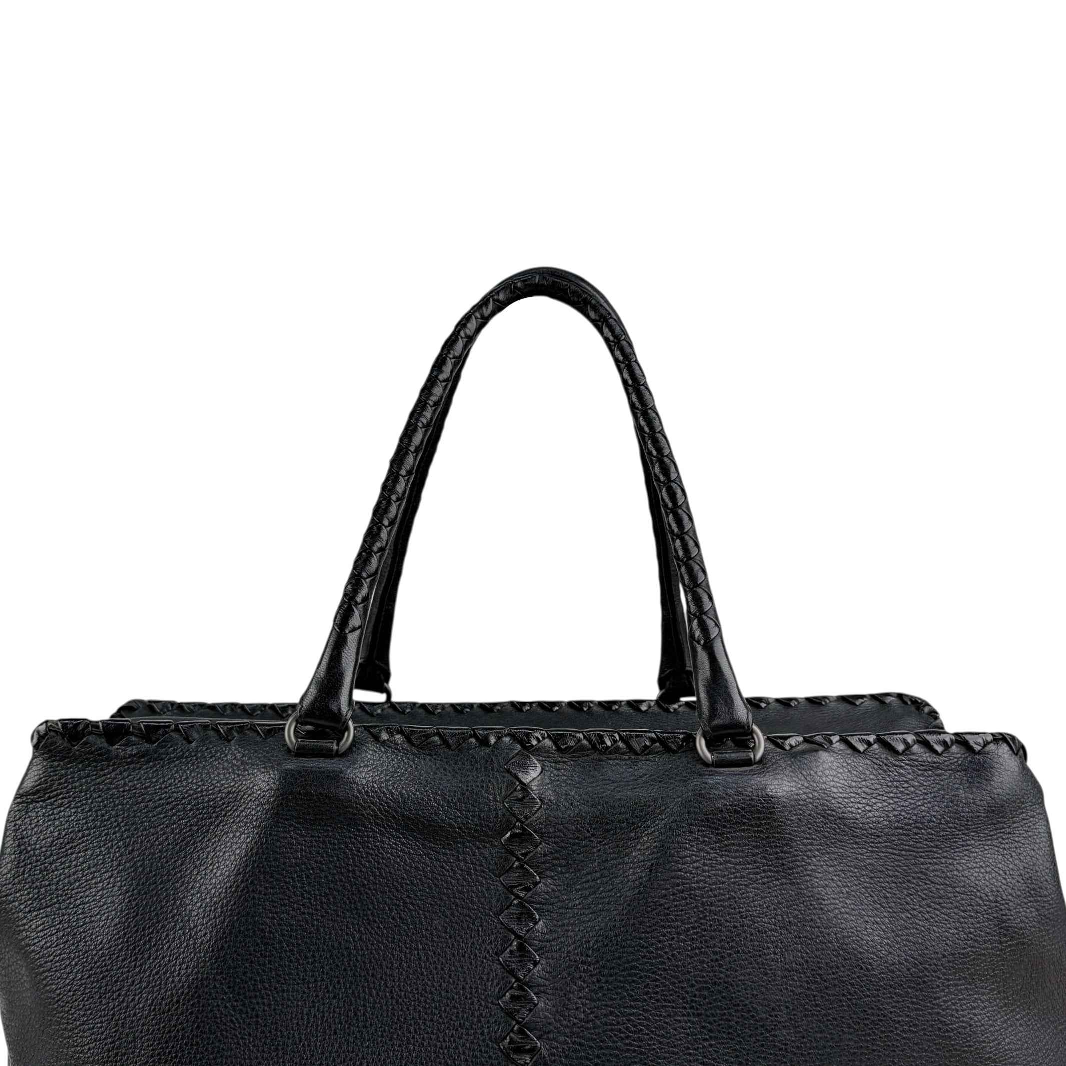 Bottega Veneta Black Intrecciato Trim Leather Tote