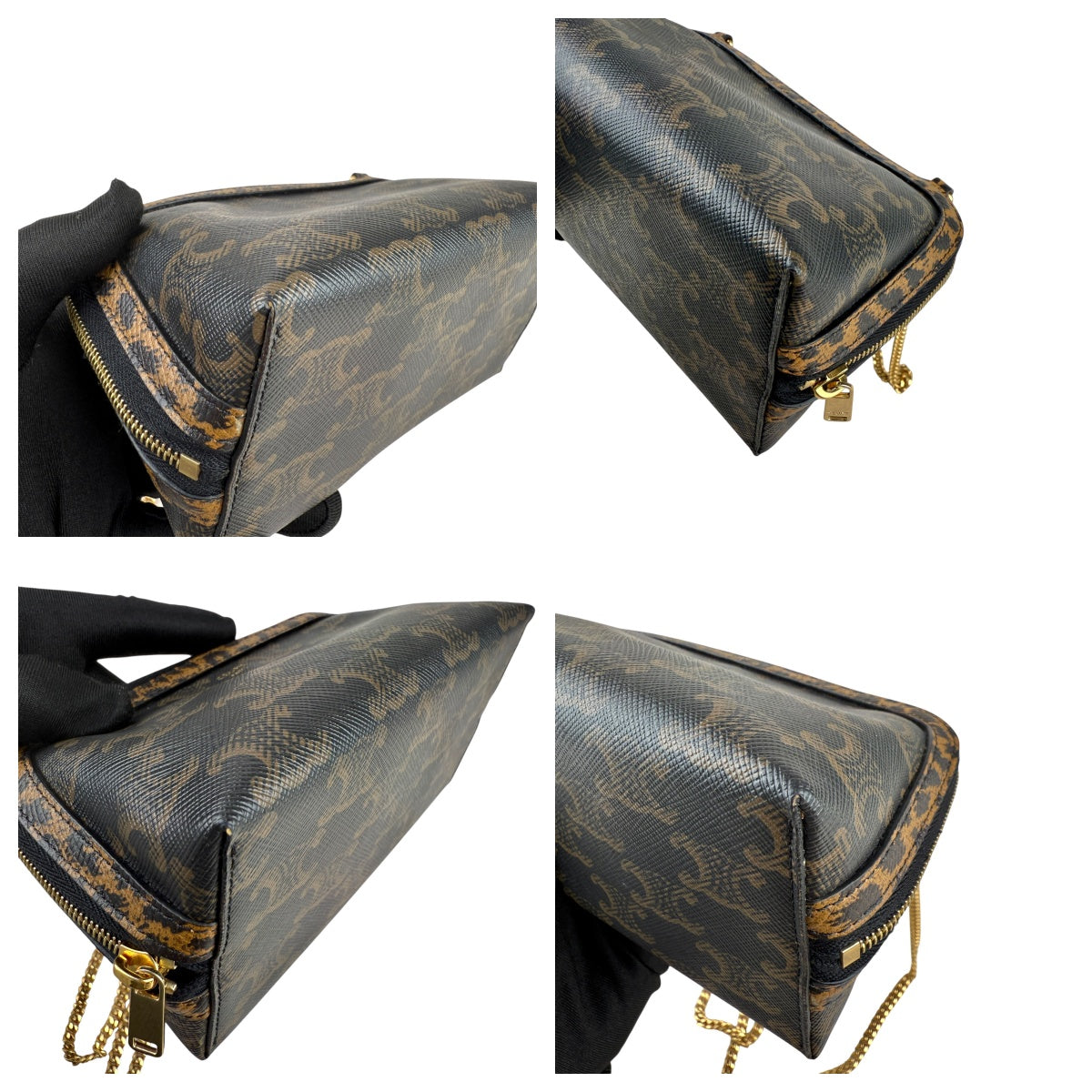 Pre-owned celine-triomphe-canvas-calfskin-leopard-print-mini-clutch-on-chain-black-tan-front