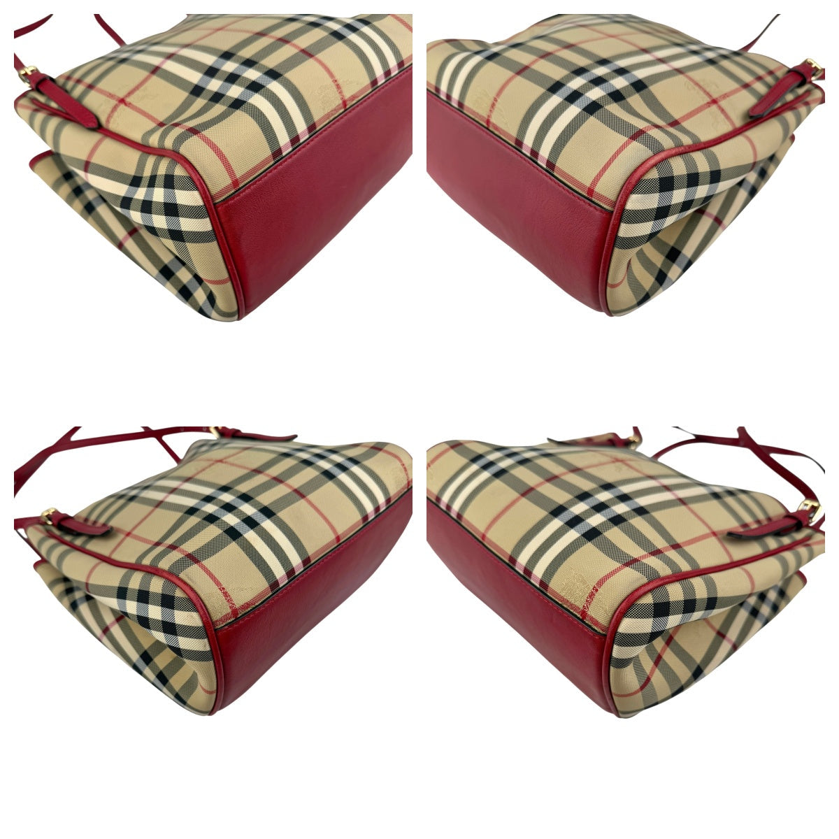 Pre-owned burberry red leather horseferry check canvas canterbury tote bag front