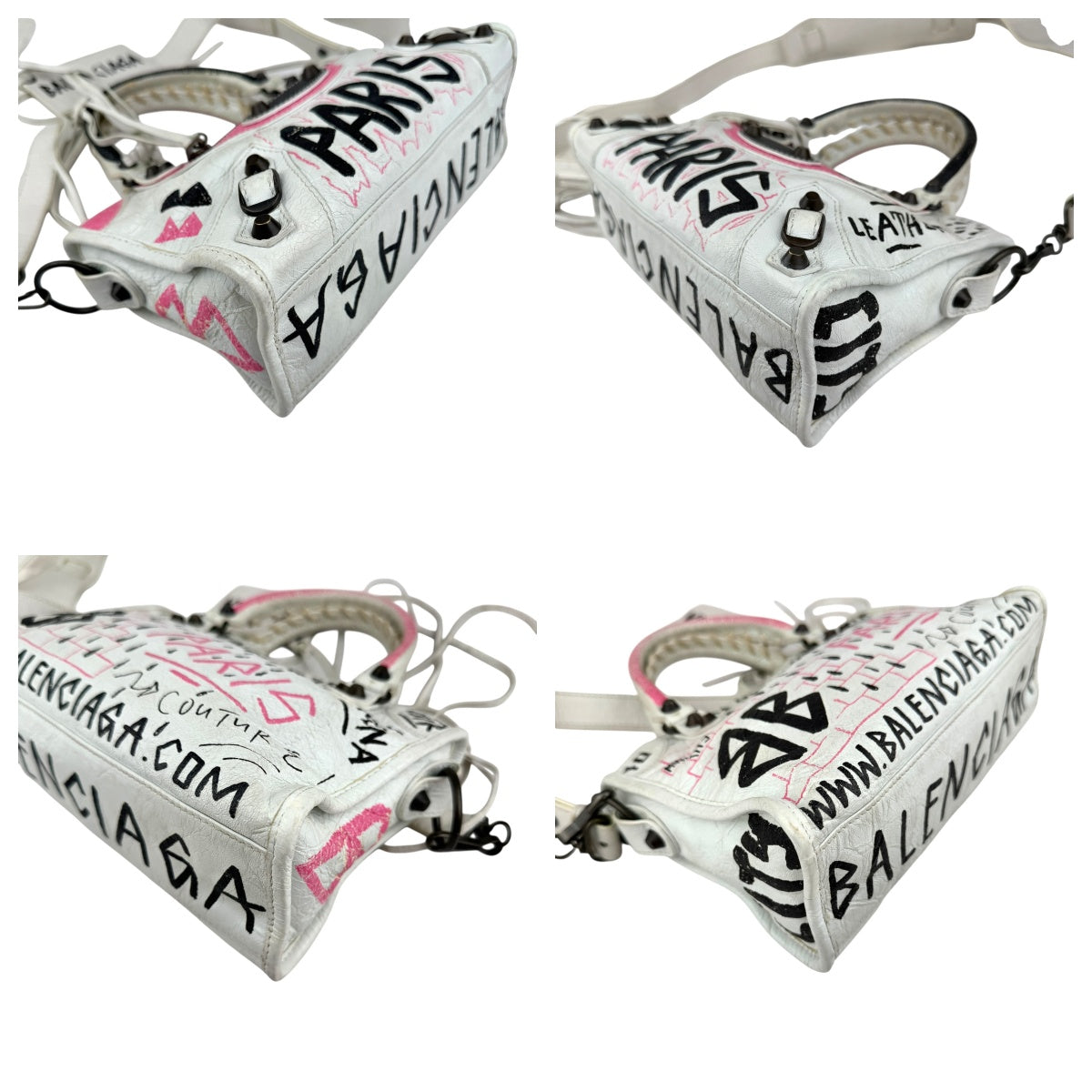 Pre-owned balenciaga agneau graffiti all over classic hardware mini city white multicolor front