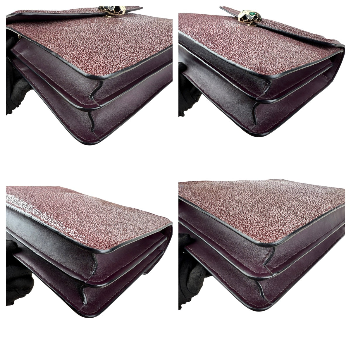 Pre-owned bvlgari-plum-stingray-leather-medium-serpenti-forever-shoulder-bag-front-view