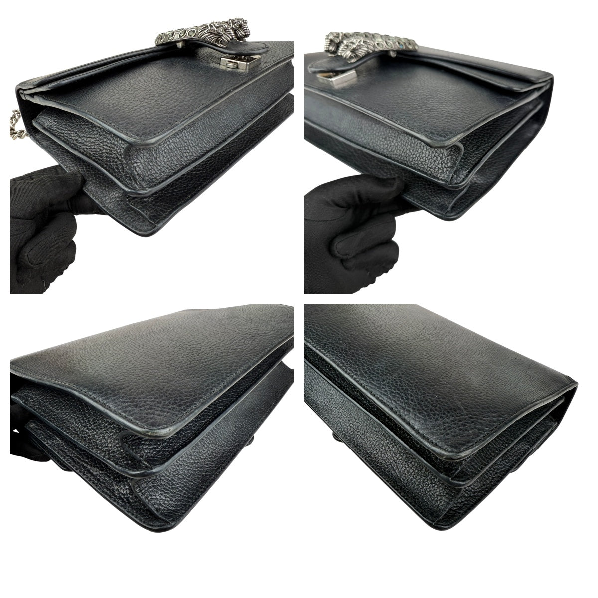Pre-owned gucci black grained leather medium dionysus shoulder bag front
