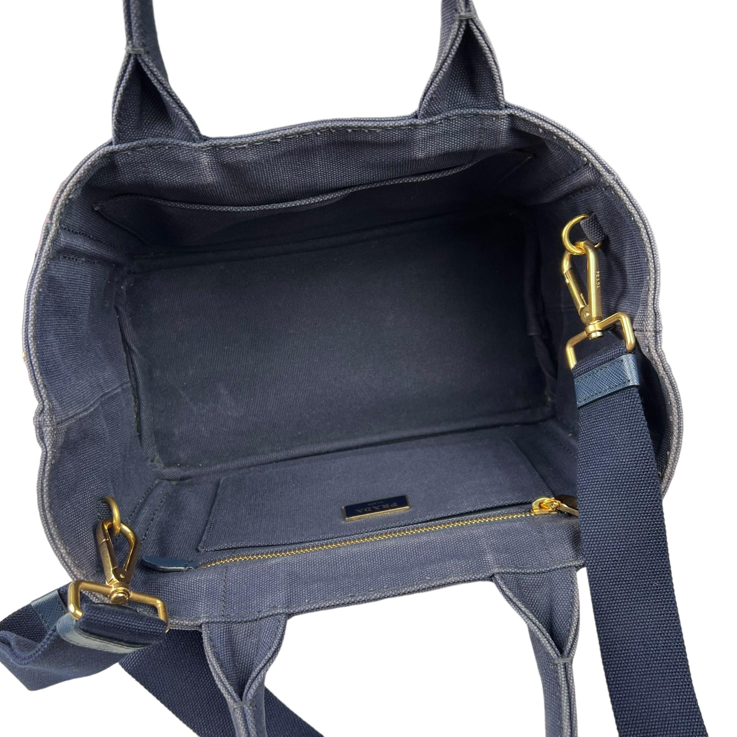 Pre-owned prada-canapa-pm-navy-canvas-handbag-front