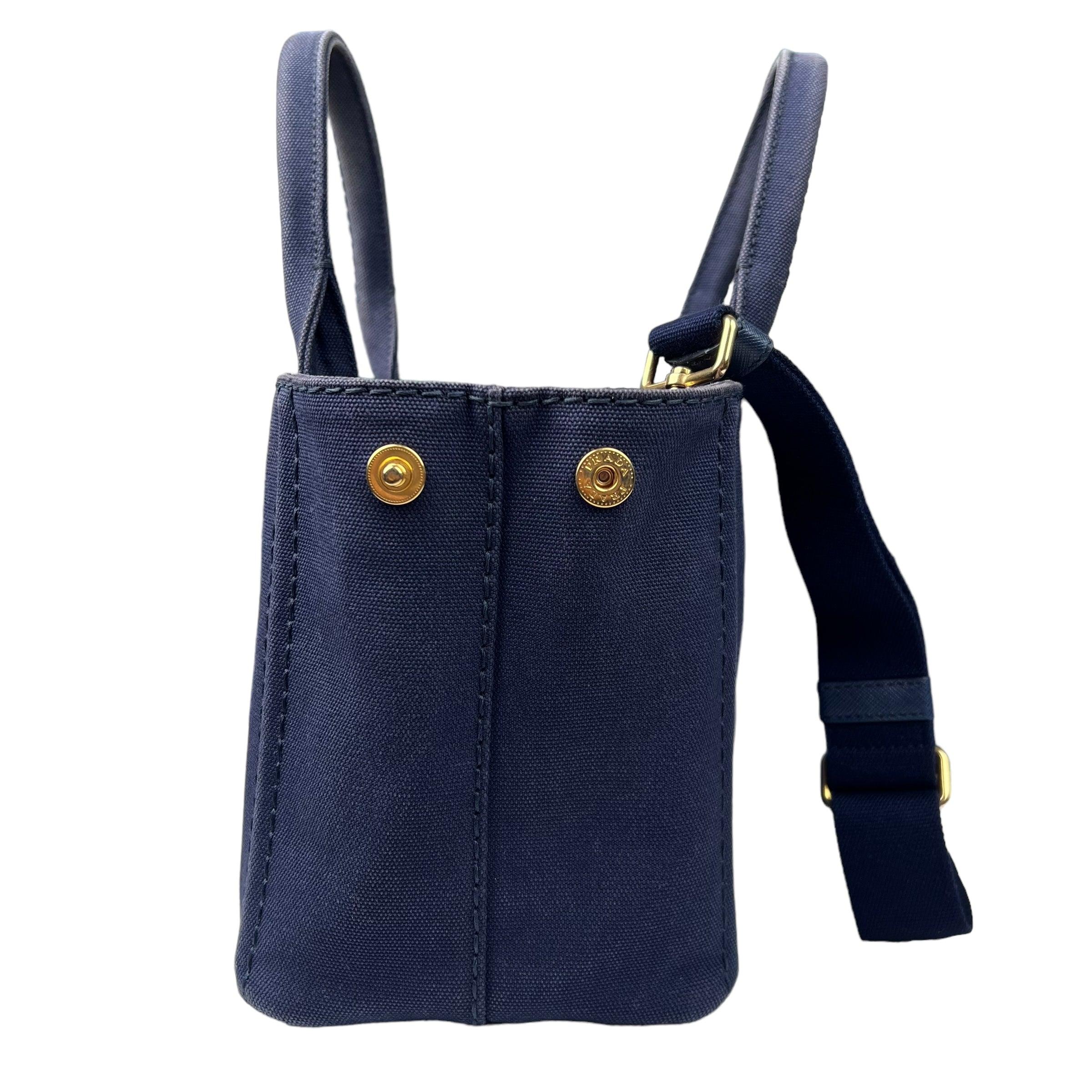 Pre-owned prada-canapa-pm-navy-canvas-handbag-front