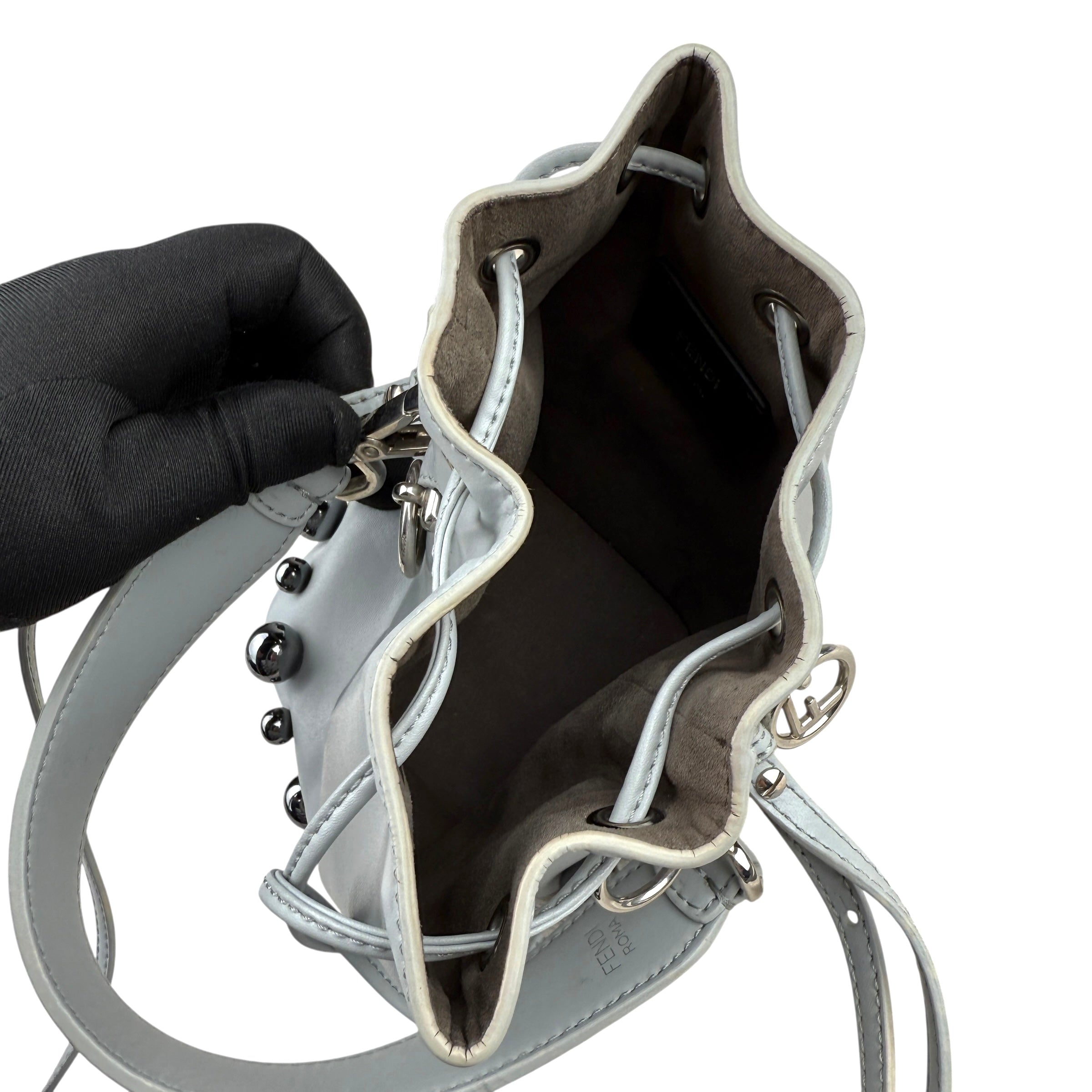 Pre-owned fendi-mon-tresor-bucket-bag-grigio-perla-front
