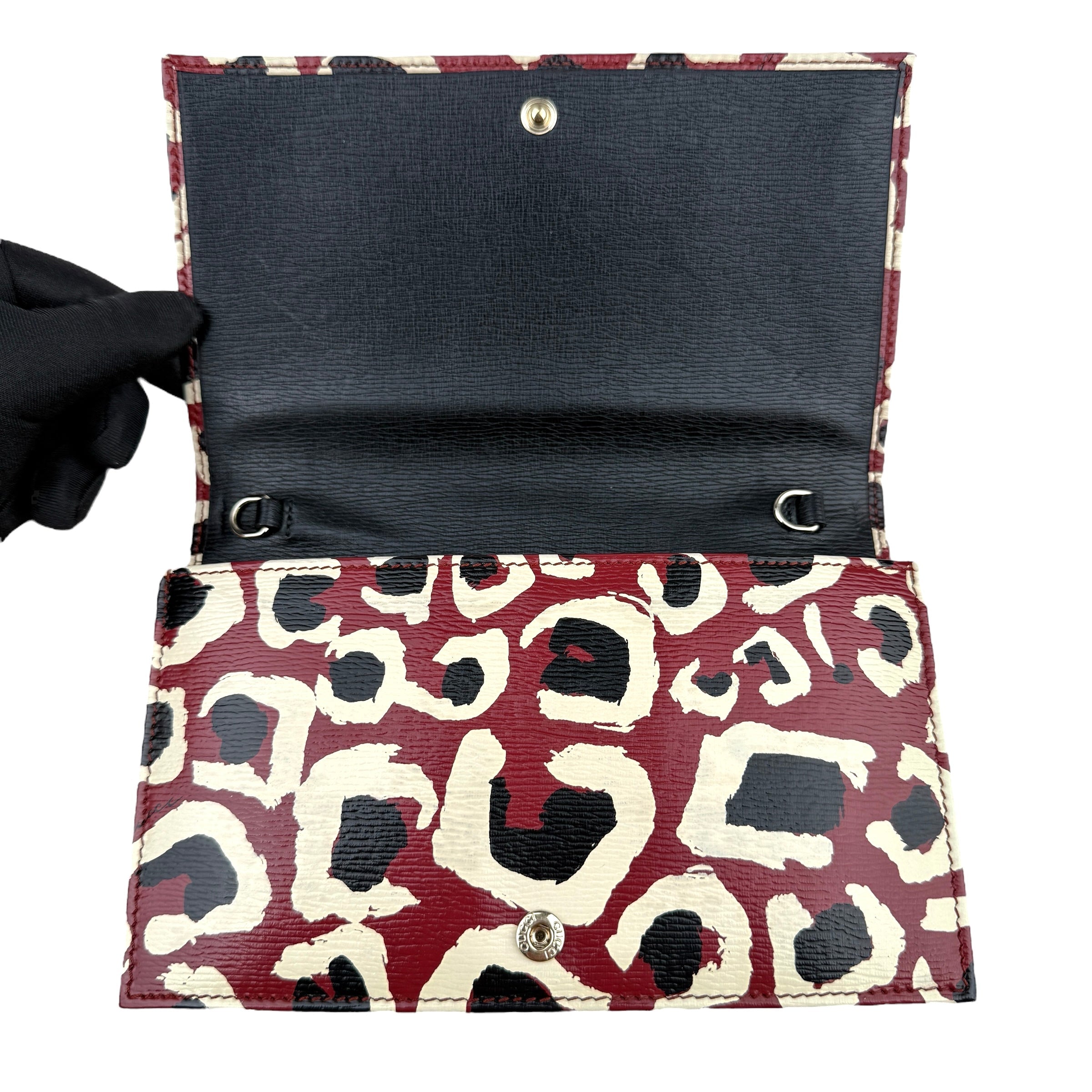 Pre-owned gucci-leather-leopard-print-clutch-crossbody-chain-shoulder-wallet-bag-front