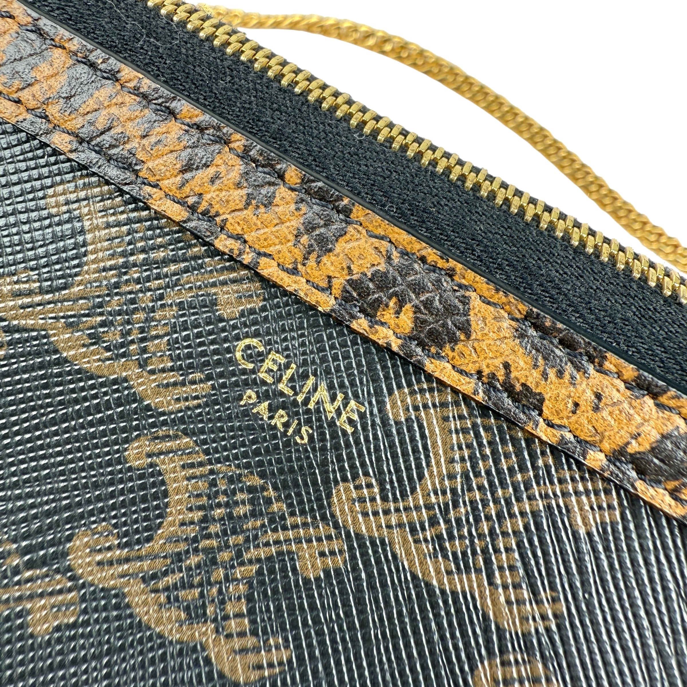 Pre-owned celine-triomphe-canvas-calfskin-leopard-print-mini-clutch-on-chain-black-tan-front