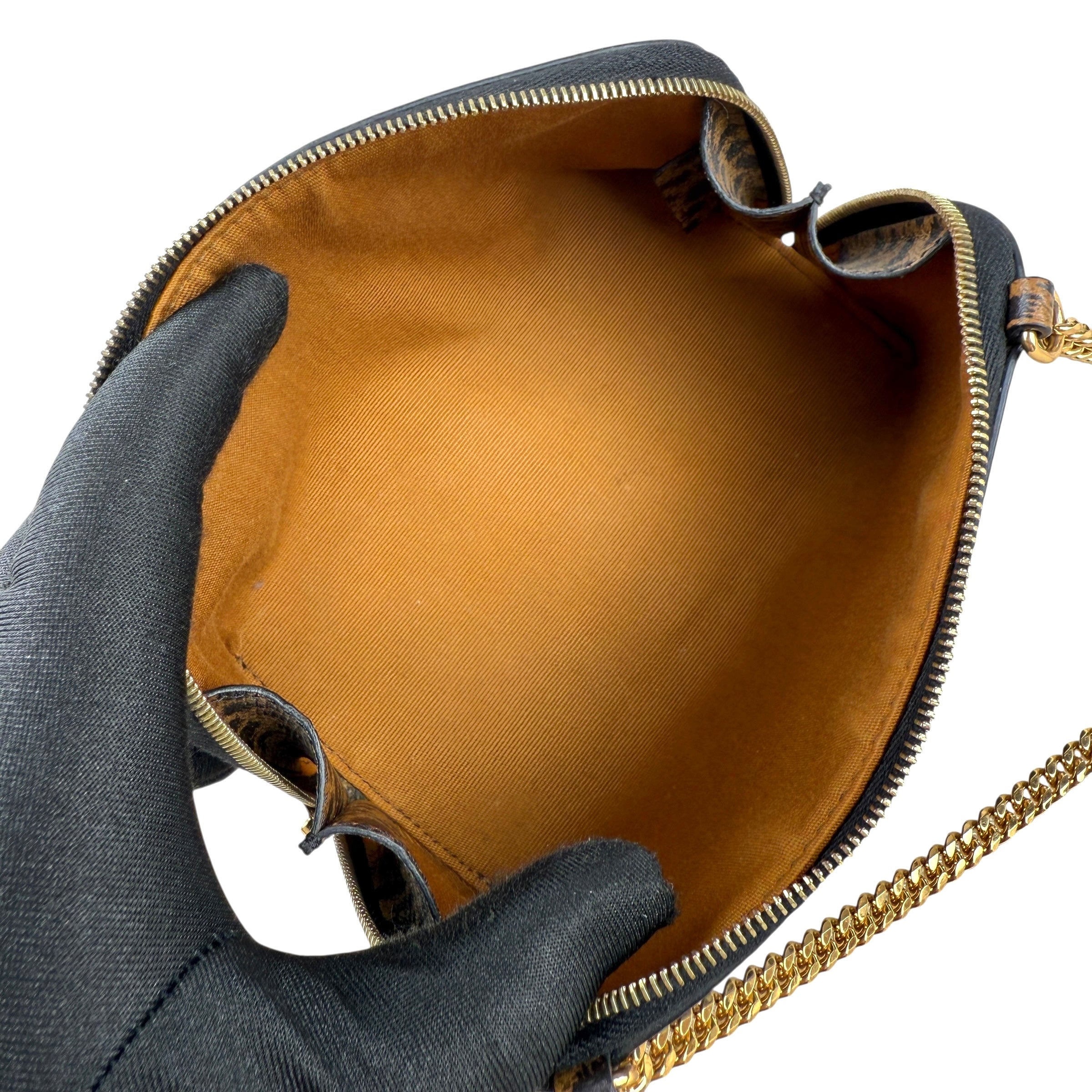 Pre-owned celine-triomphe-canvas-calfskin-leopard-print-mini-clutch-on-chain-black-tan-front