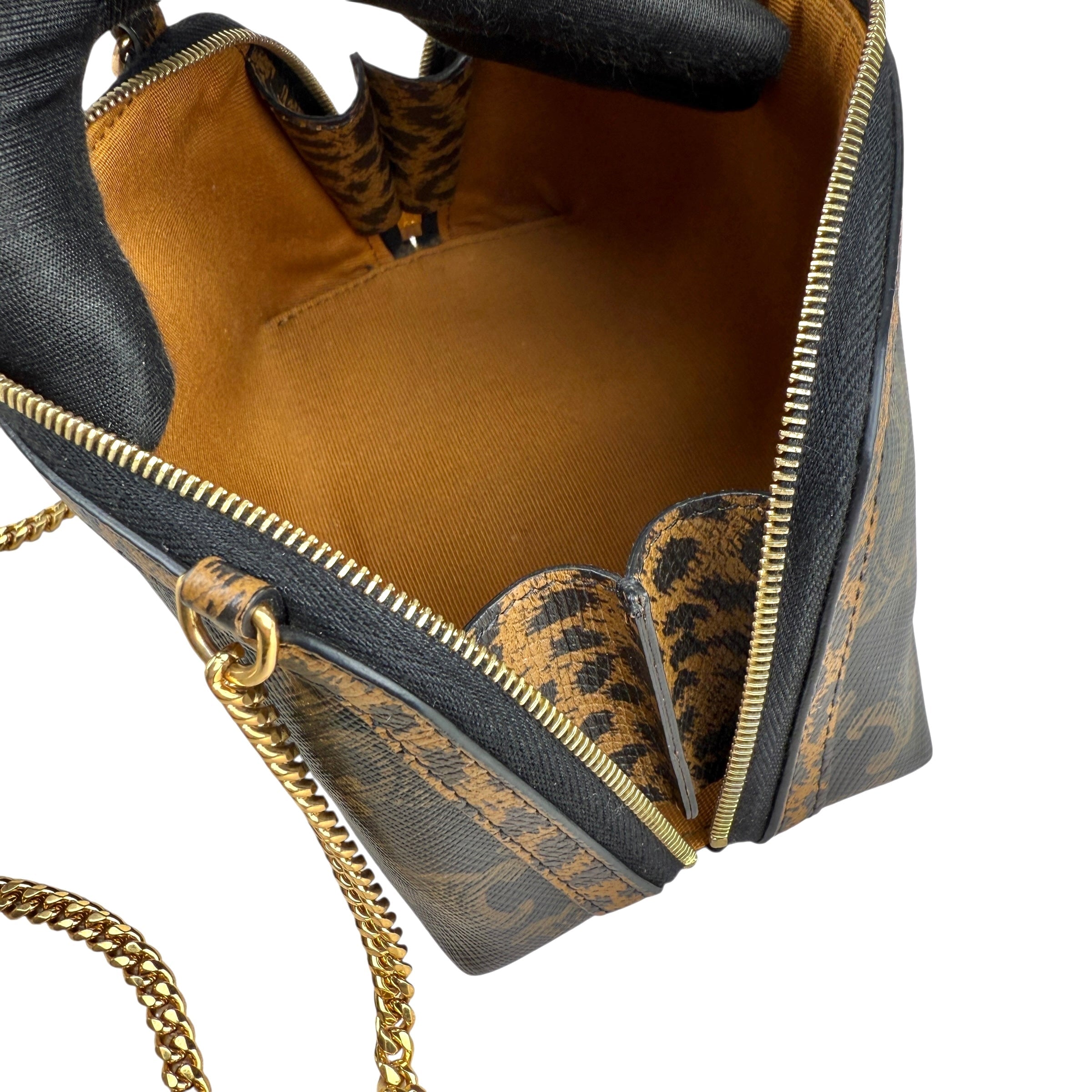 Pre-owned celine-triomphe-canvas-calfskin-leopard-print-mini-clutch-on-chain-black-tan-front