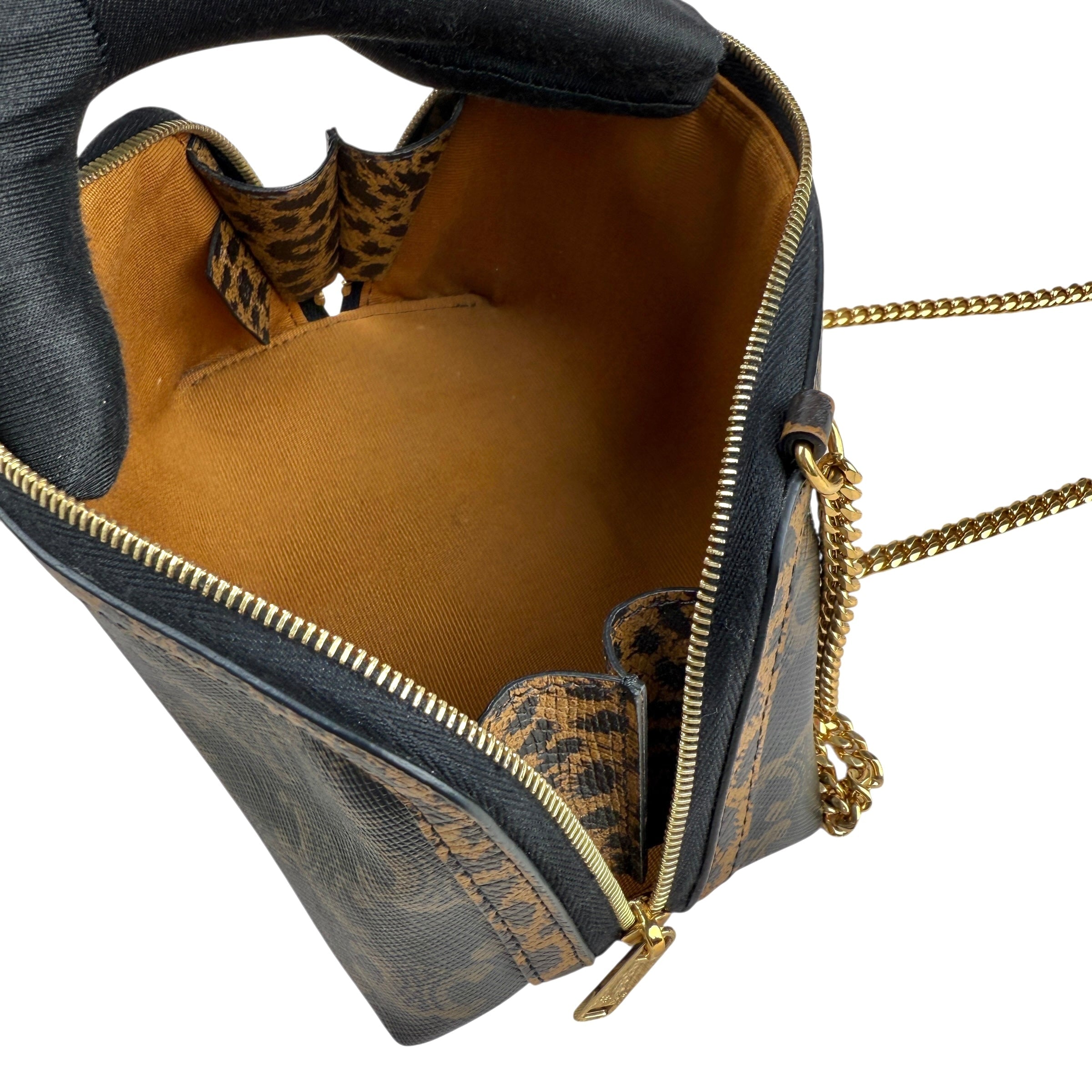 Pre-owned celine-triomphe-canvas-calfskin-leopard-print-mini-clutch-on-chain-black-tan-front
