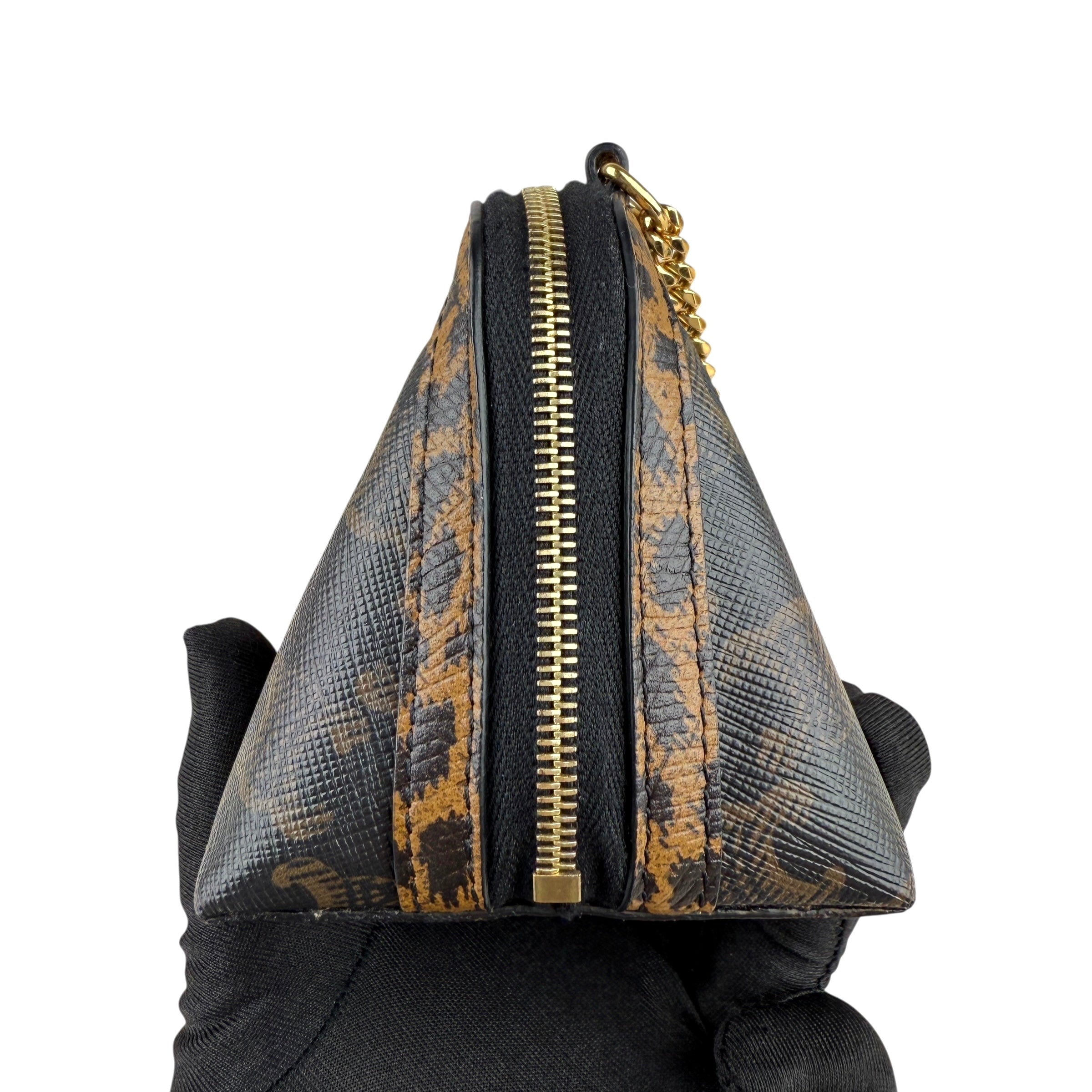 Pre-owned celine-triomphe-canvas-calfskin-leopard-print-mini-clutch-on-chain-black-tan-front