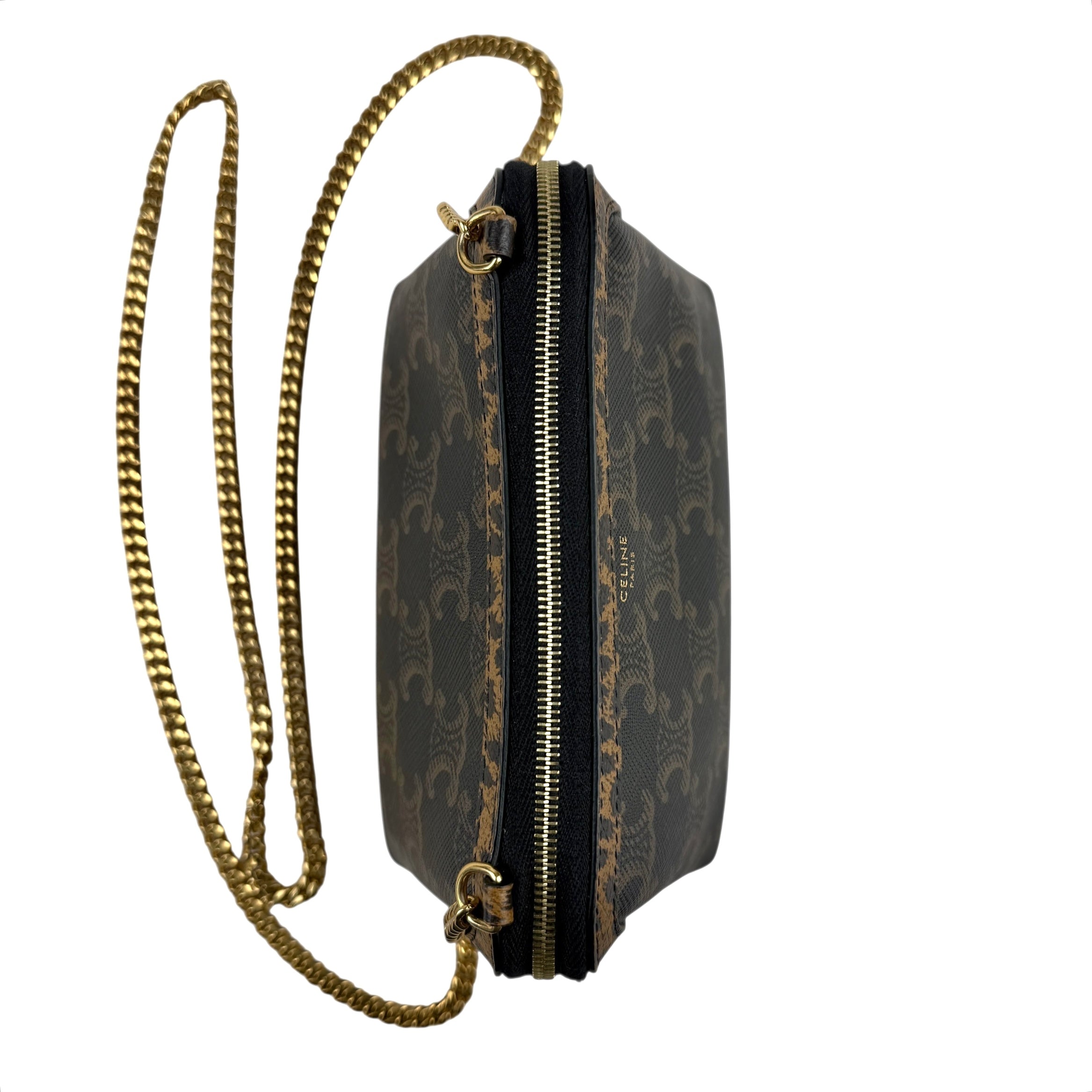 Pre-owned celine-triomphe-canvas-calfskin-leopard-print-mini-clutch-on-chain-black-tan-front