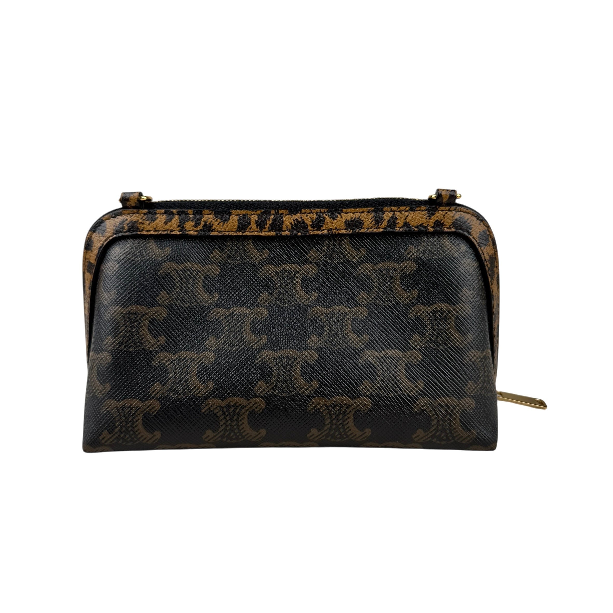 Pre-owned celine-triomphe-canvas-calfskin-leopard-print-mini-clutch-on-chain-black-tan-front