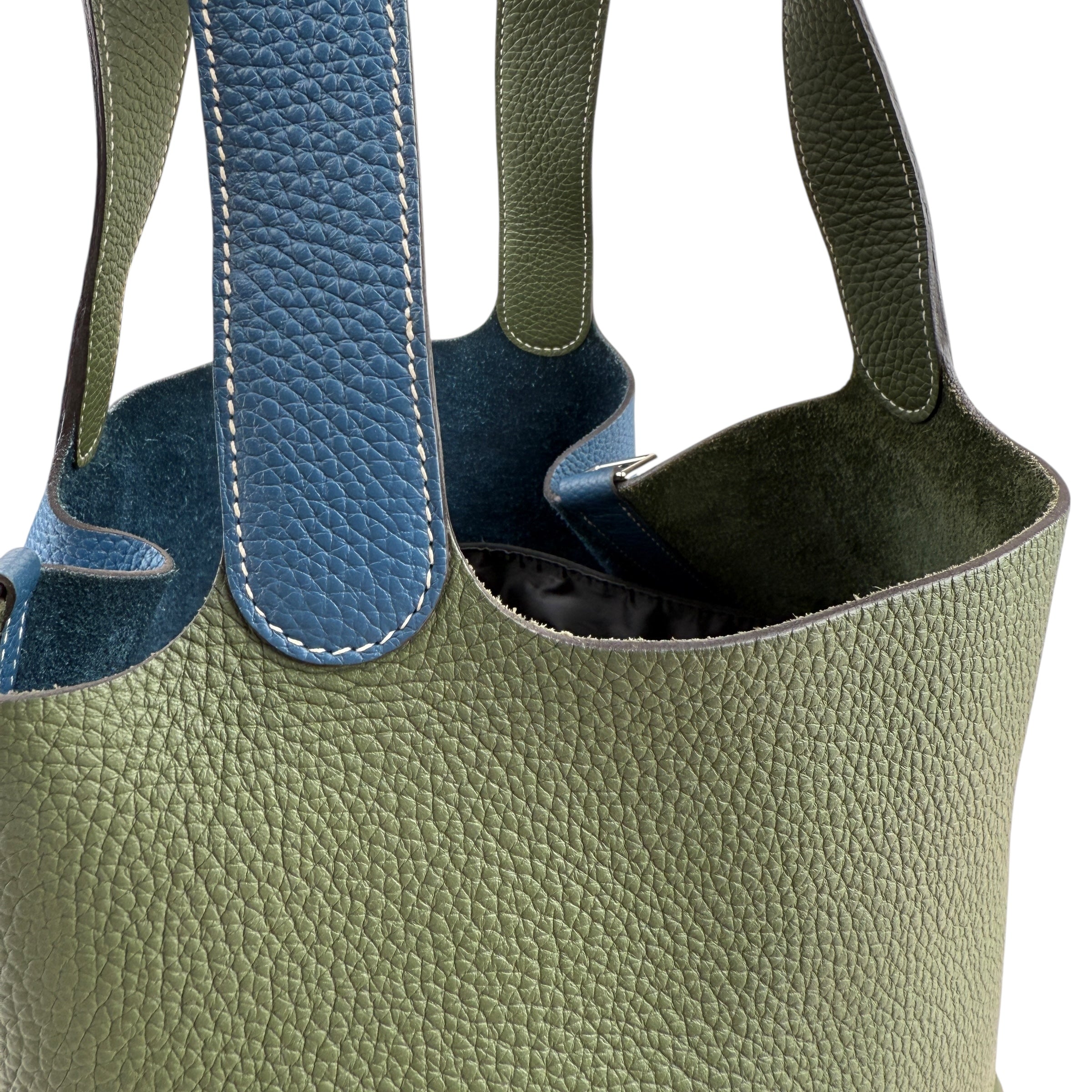 Pre-owned hermes-picotin-lock-casaque-vert-canopee-bleu-thalassa-clemence-bag-front