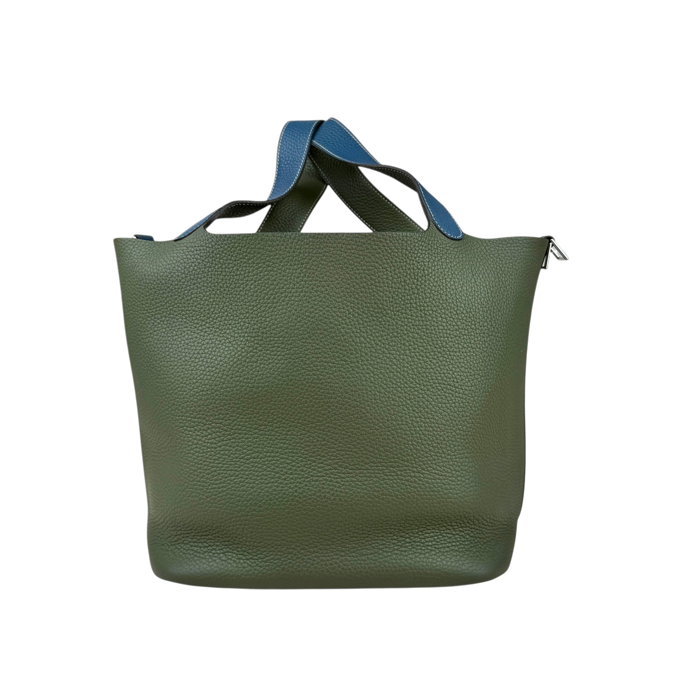 Pre-owned hermes-picotin-lock-casaque-vert-canopee-bleu-thalassa-clemence-bag-front