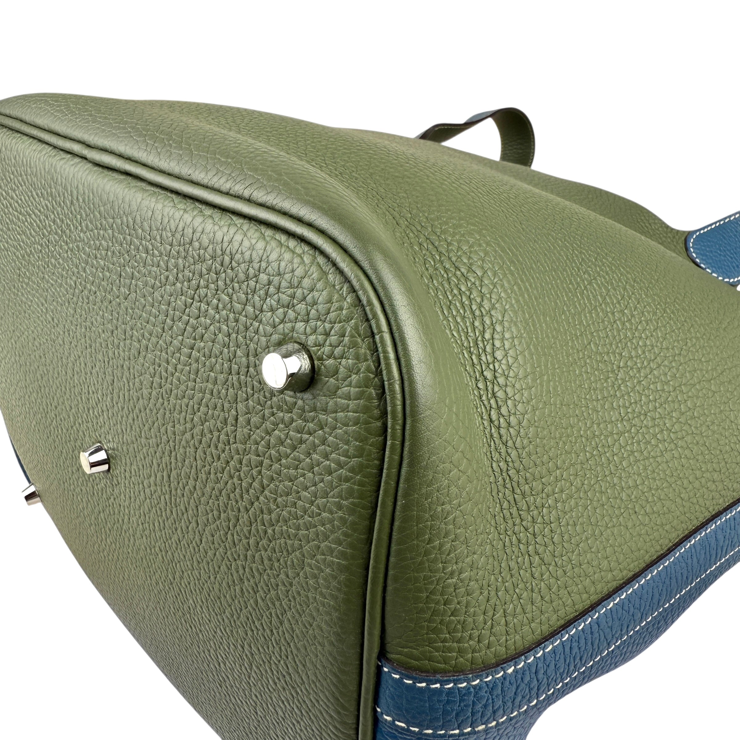 Pre-owned hermes-picotin-lock-casaque-vert-canopee-bleu-thalassa-clemence-bag-front
