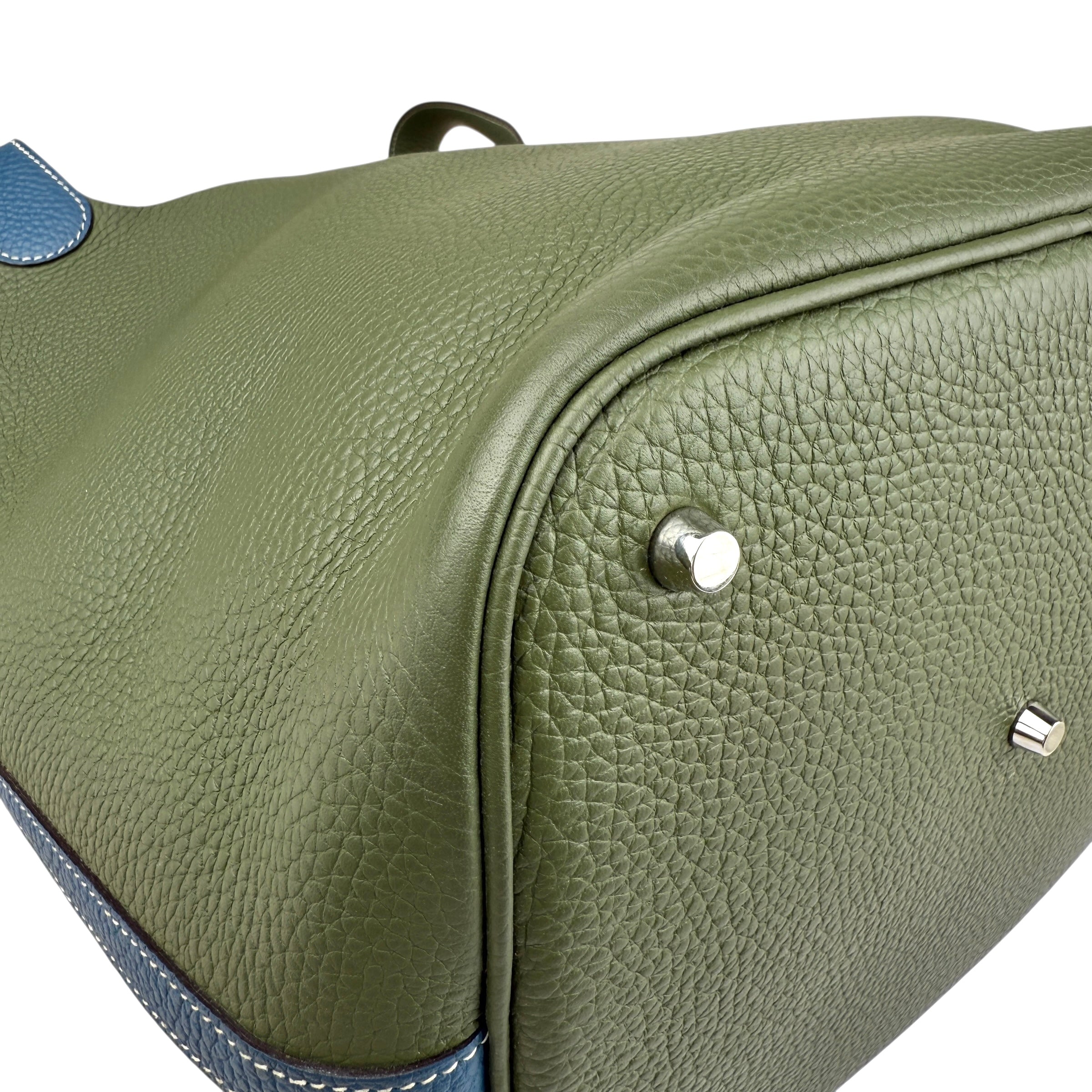 Pre-owned hermes-picotin-lock-casaque-vert-canopee-bleu-thalassa-clemence-bag-front