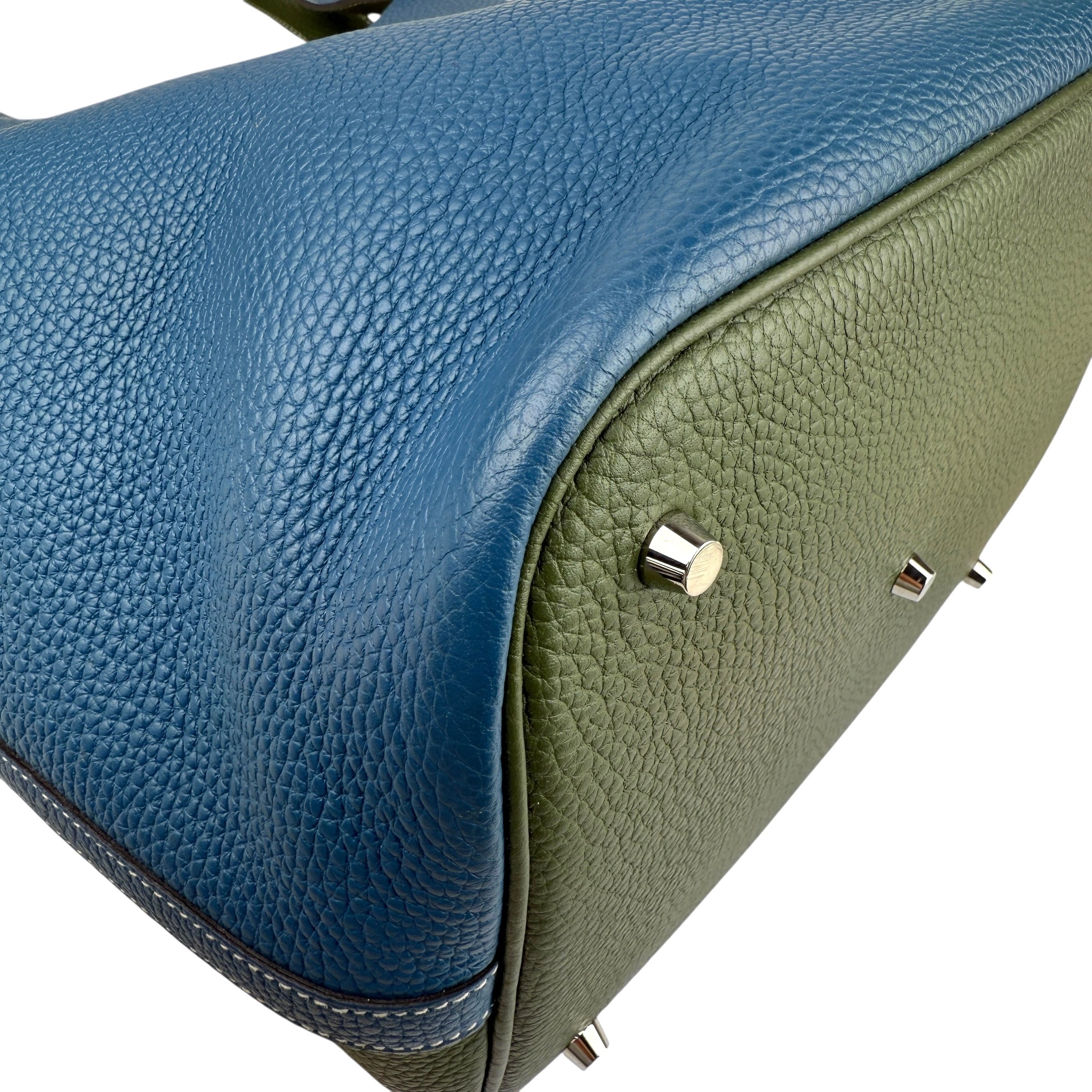 Pre-owned hermes-picotin-lock-casaque-vert-canopee-bleu-thalassa-clemence-bag-front