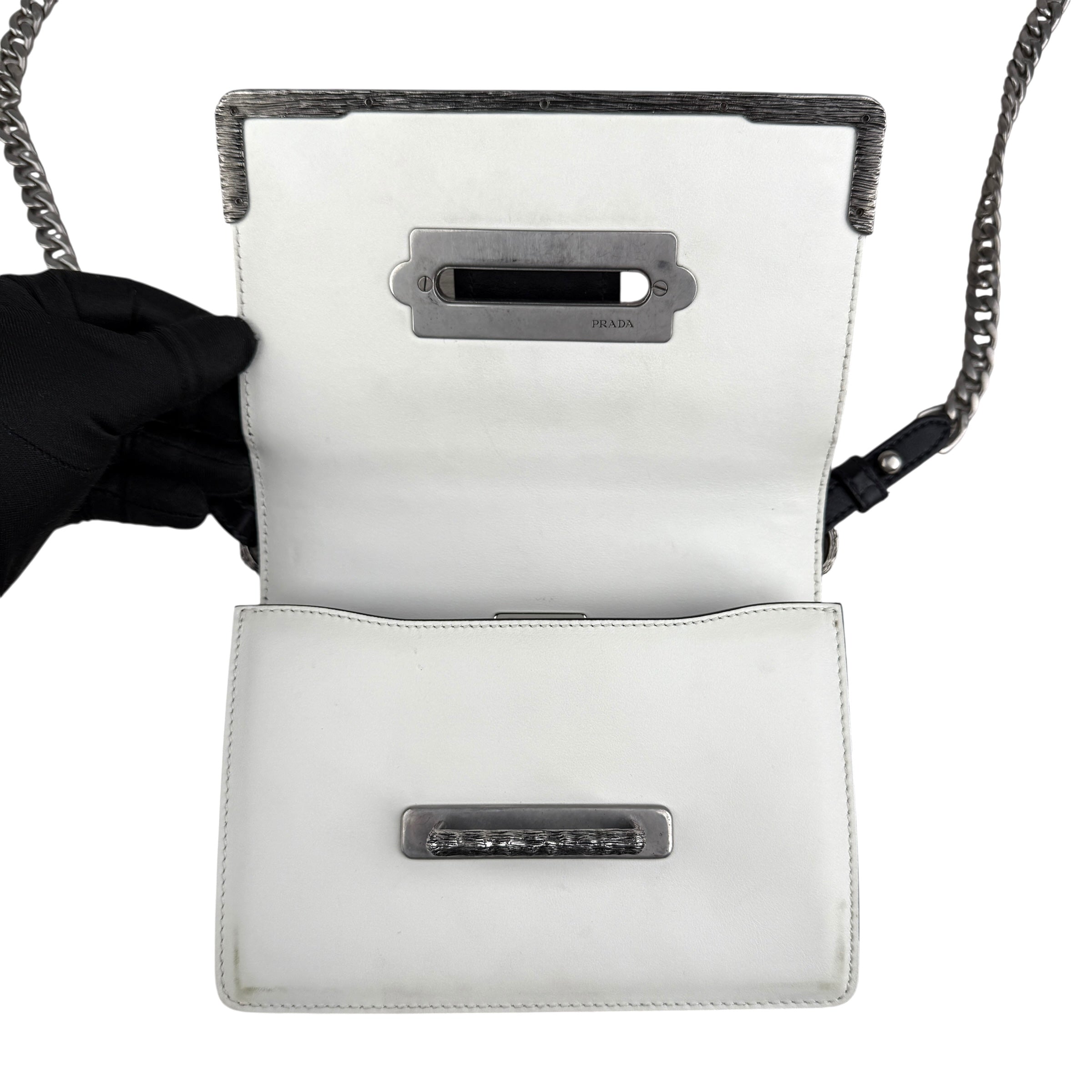 Pre-owned prada-saffiano-leather-crystal-cahier-crossbody-bag-front-view
