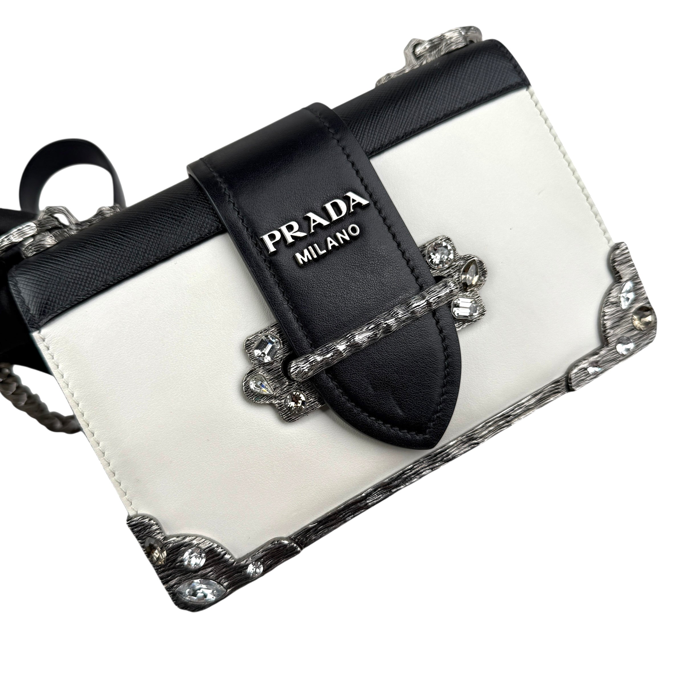 Pre-owned prada-saffiano-leather-crystal-cahier-crossbody-bag-front-view
