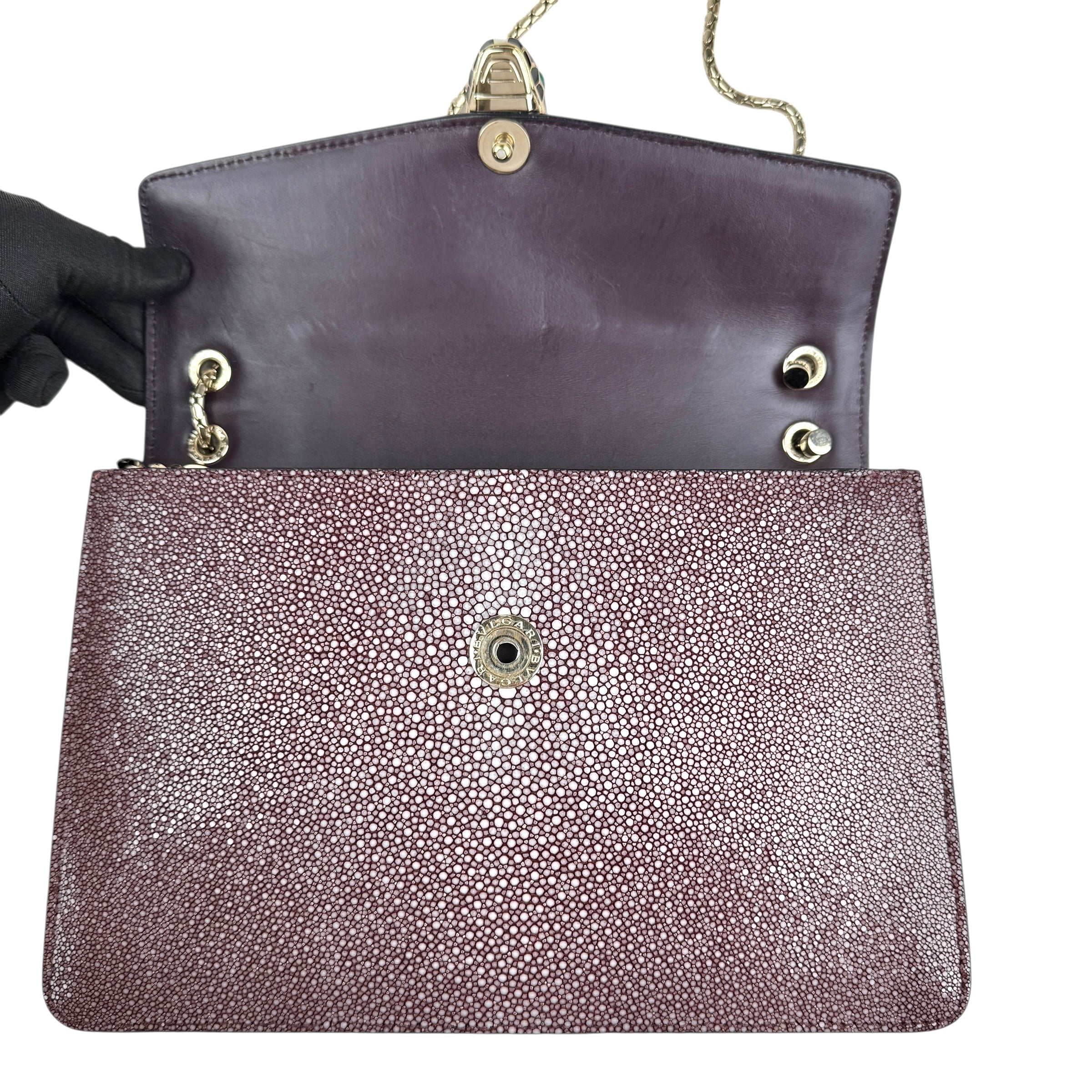Pre-owned bvlgari-plum-stingray-leather-medium-serpenti-forever-shoulder-bag-front-view
