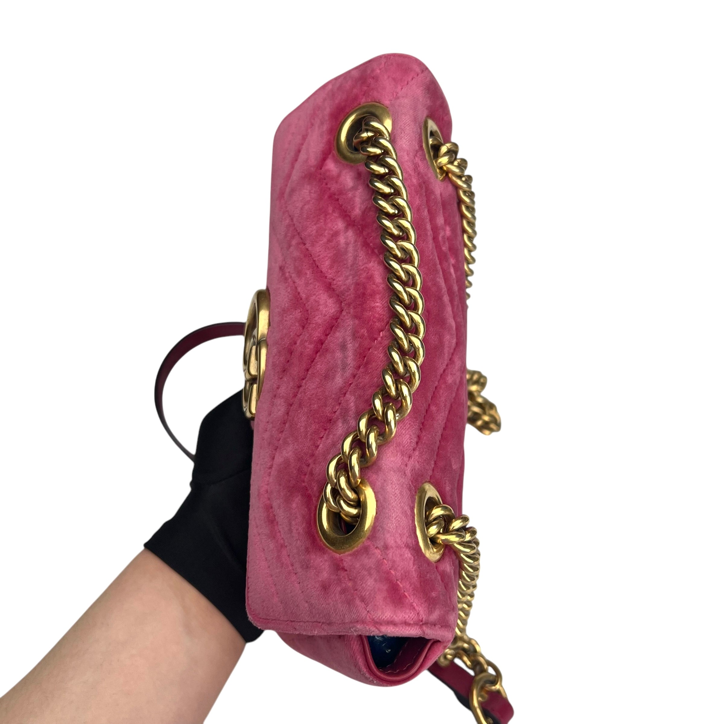 Pre-owned gucci-marmont-medium-pink-suede-leather-bag-front