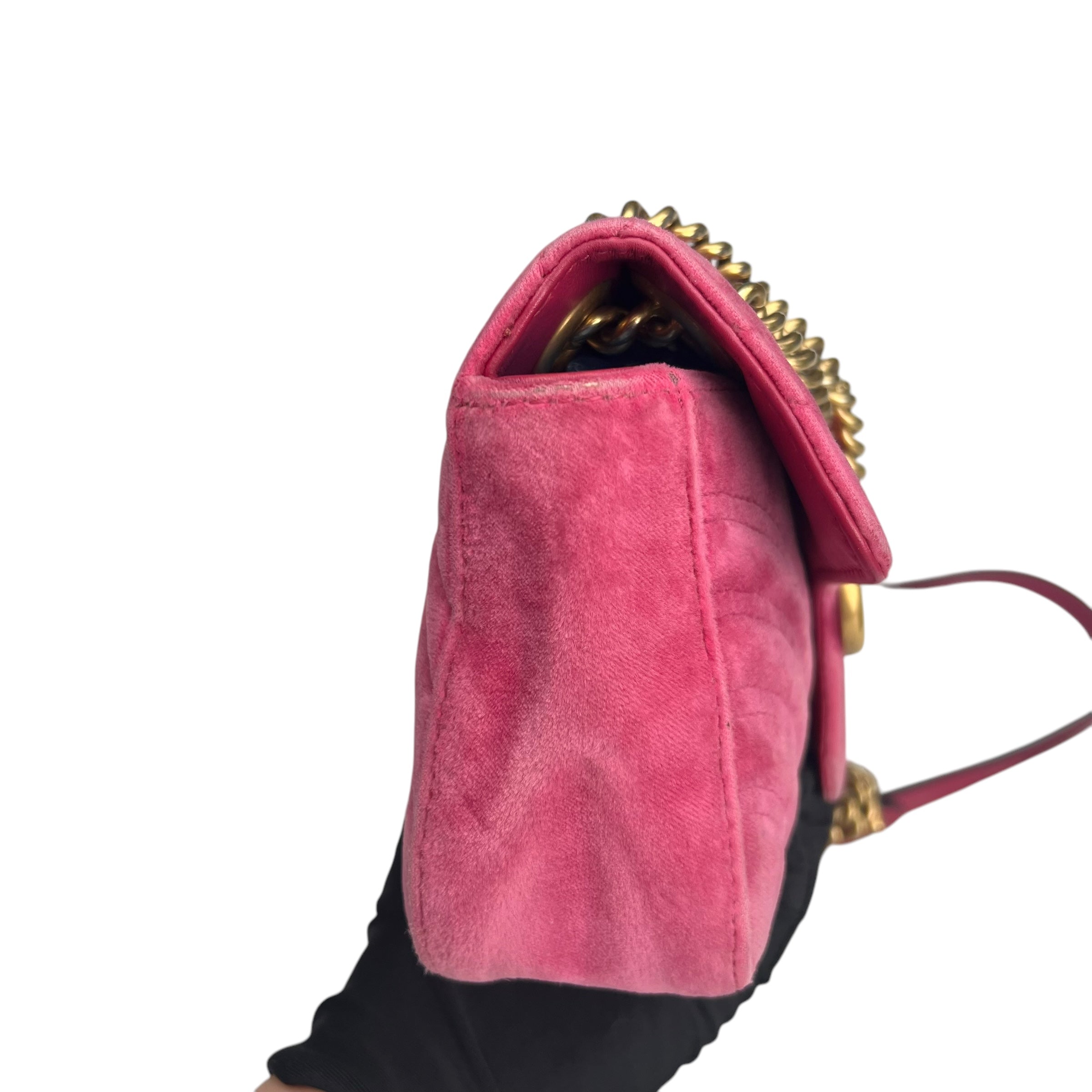 Pre-owned gucci-marmont-medium-pink-suede-leather-bag-front
