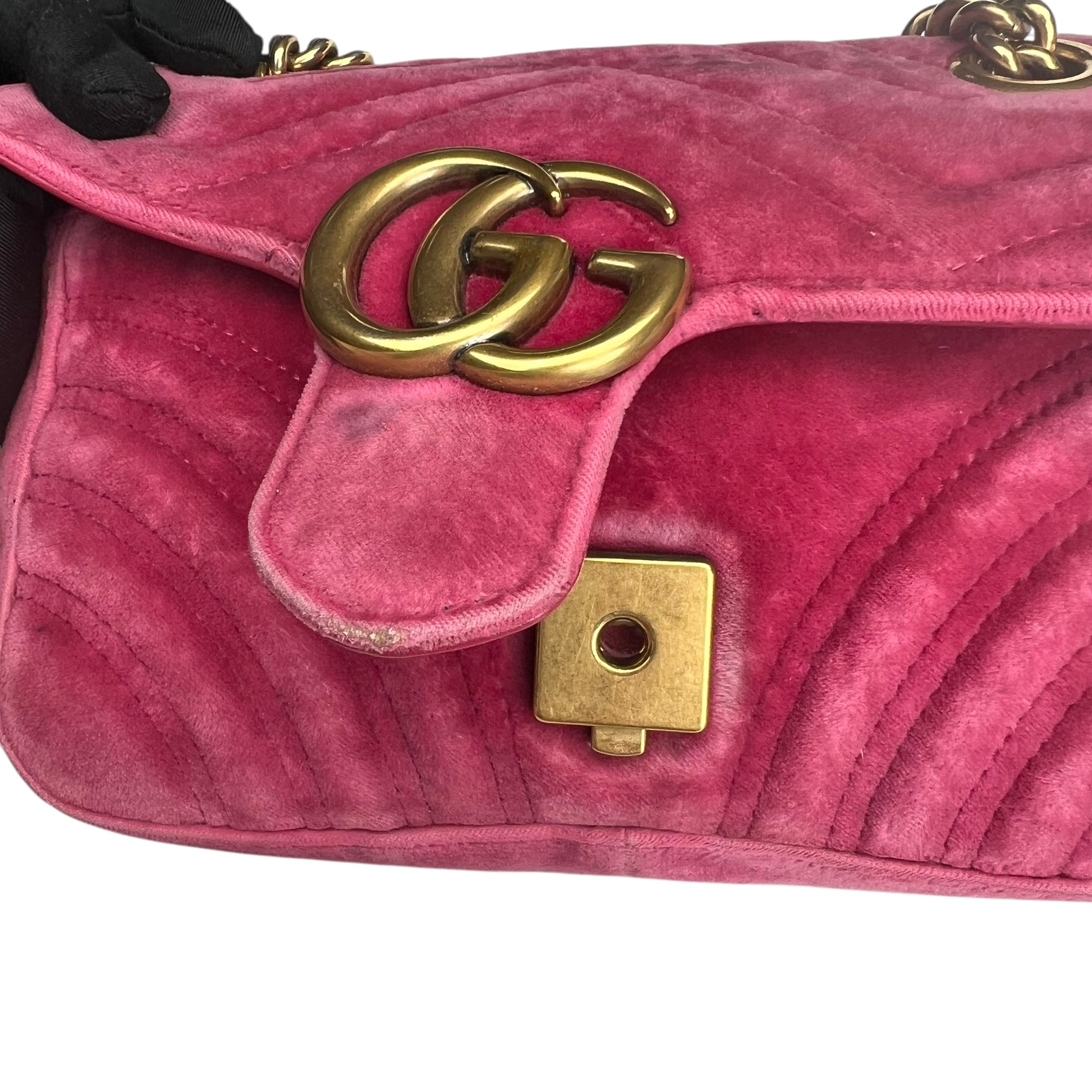 Pre-owned gucci-marmont-medium-pink-suede-leather-bag-front
