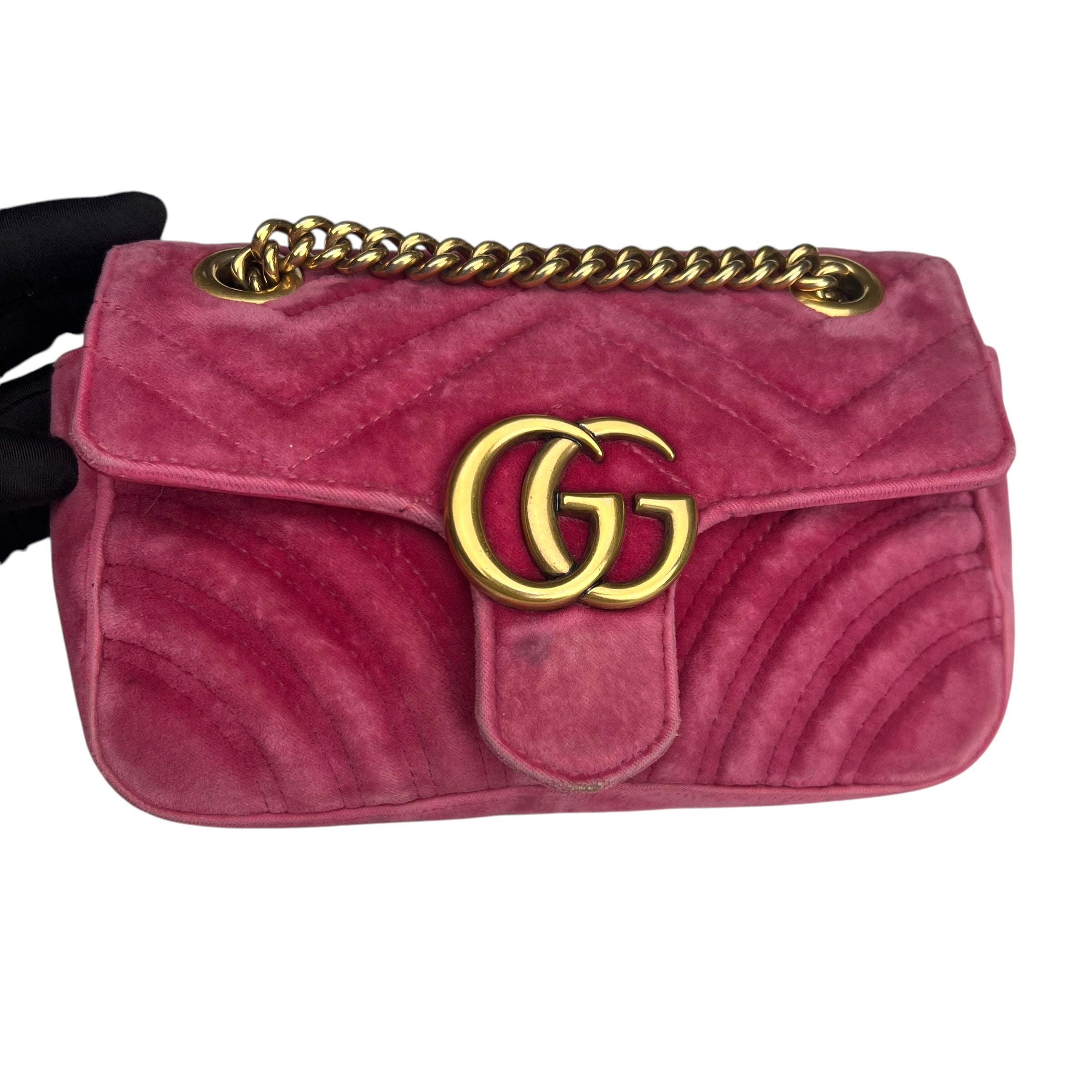 Pre-owned gucci-marmont-medium-pink-suede-leather-bag-front