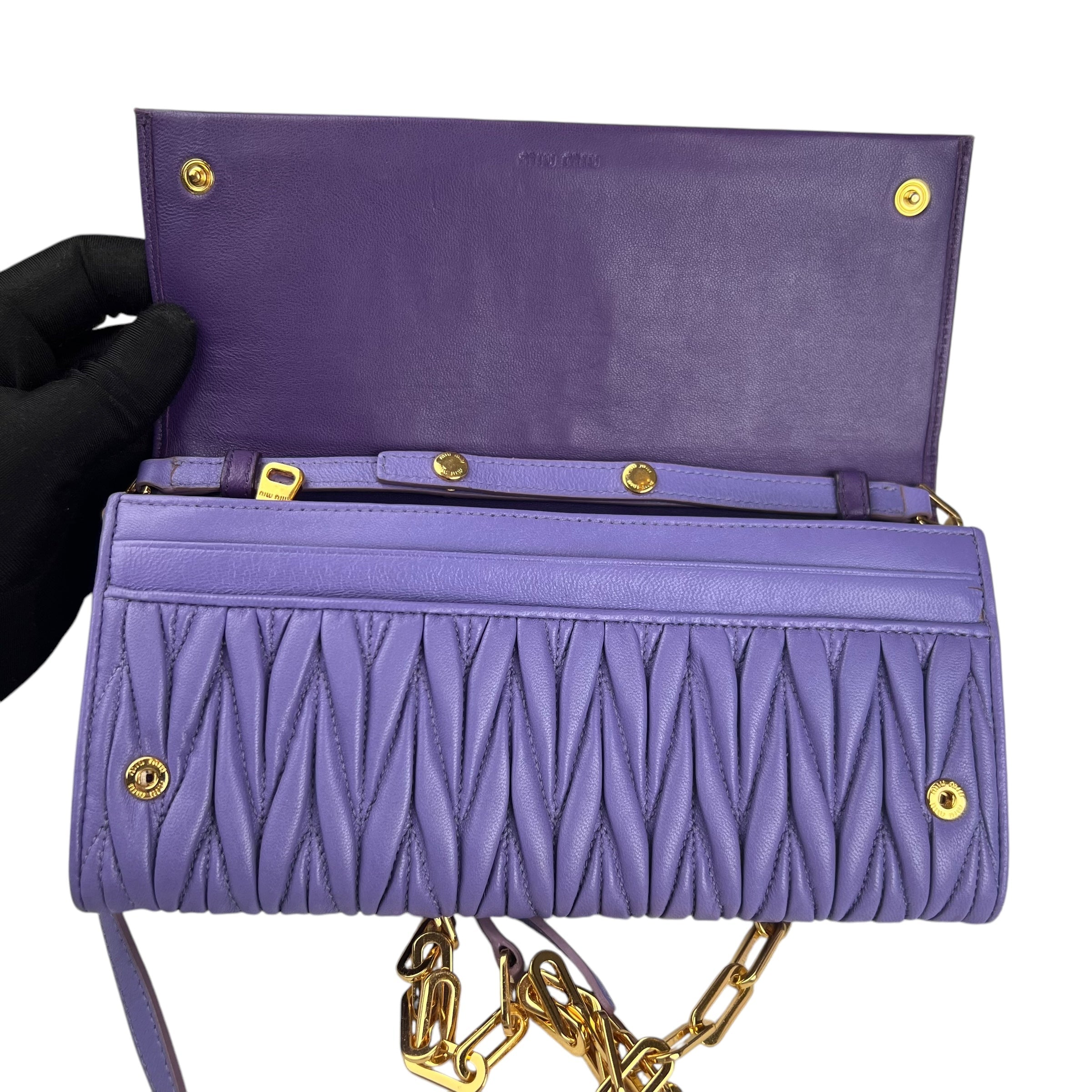 Pre-owned miu-miu-purple-matelasse-leather-flap-crossbody-bag-front