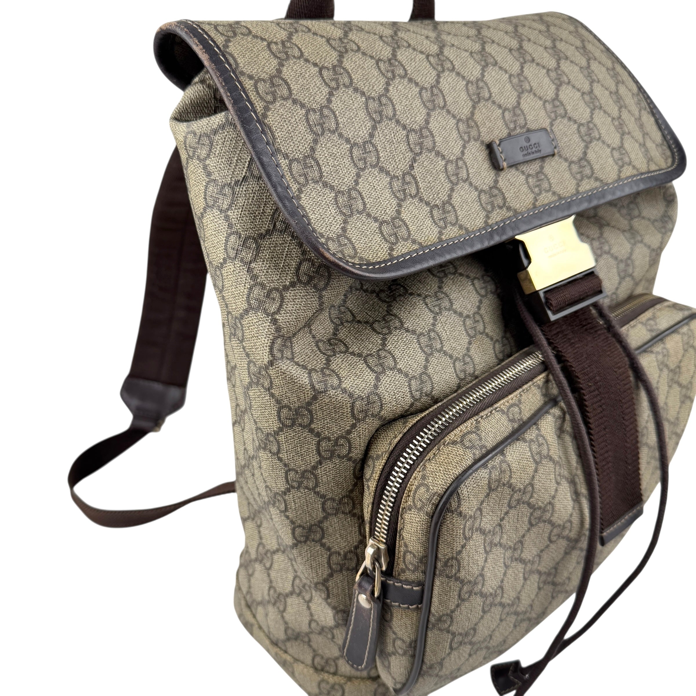 Pre-owned gucci-single-buckle-backpack-gg-supreme-canvas-brown