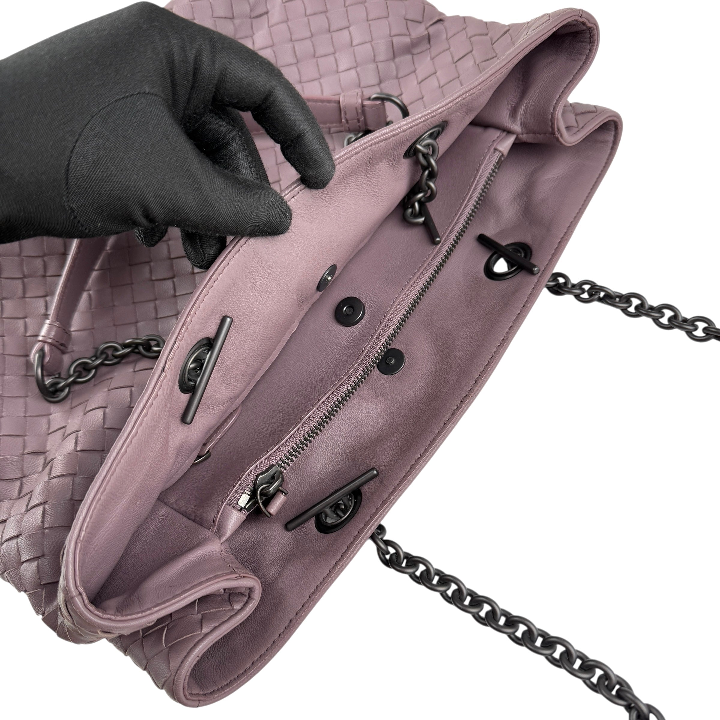 Pre-owned bottega veneta lilac intrecciato leather double chain tote front
