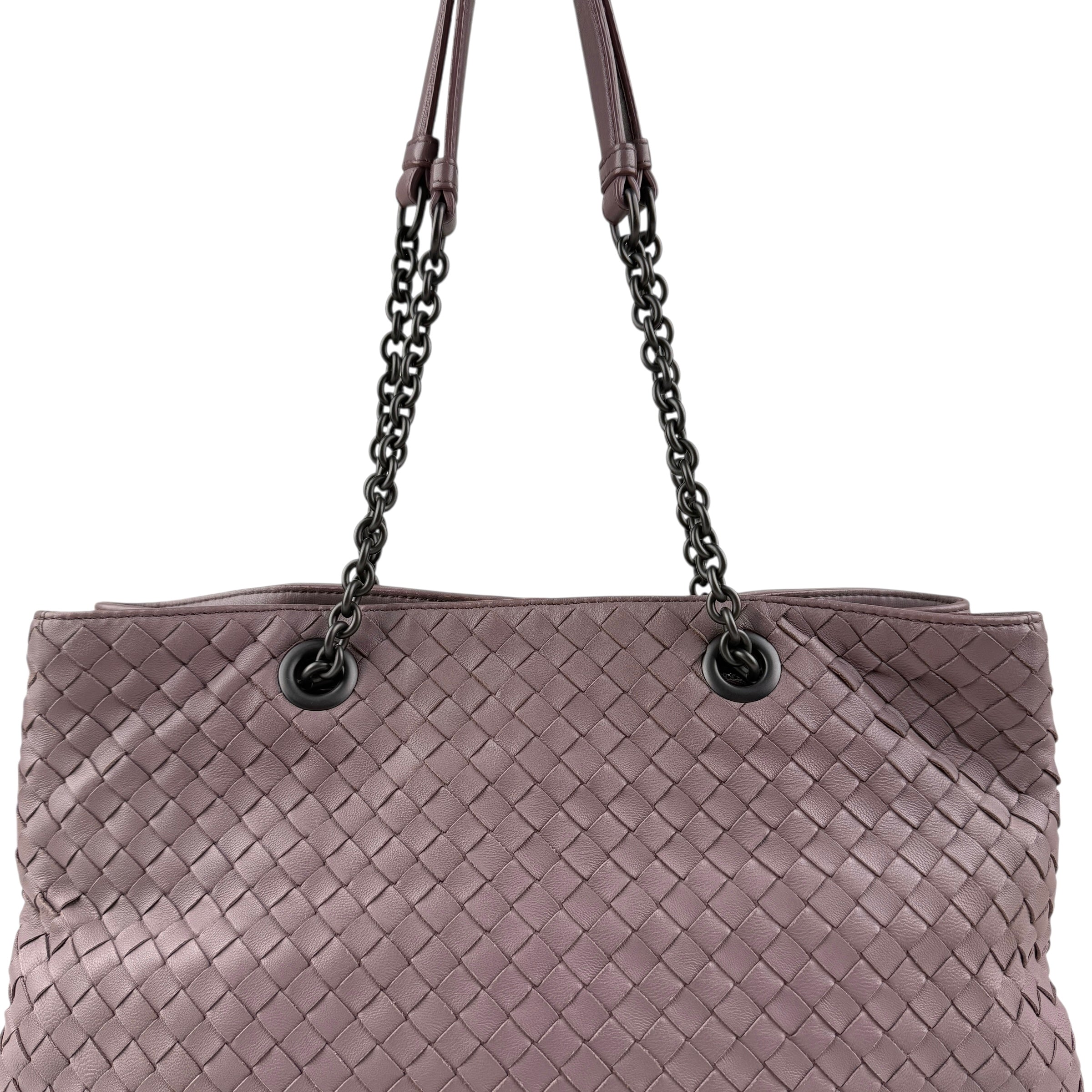Pre-owned bottega veneta lilac intrecciato leather double chain tote front