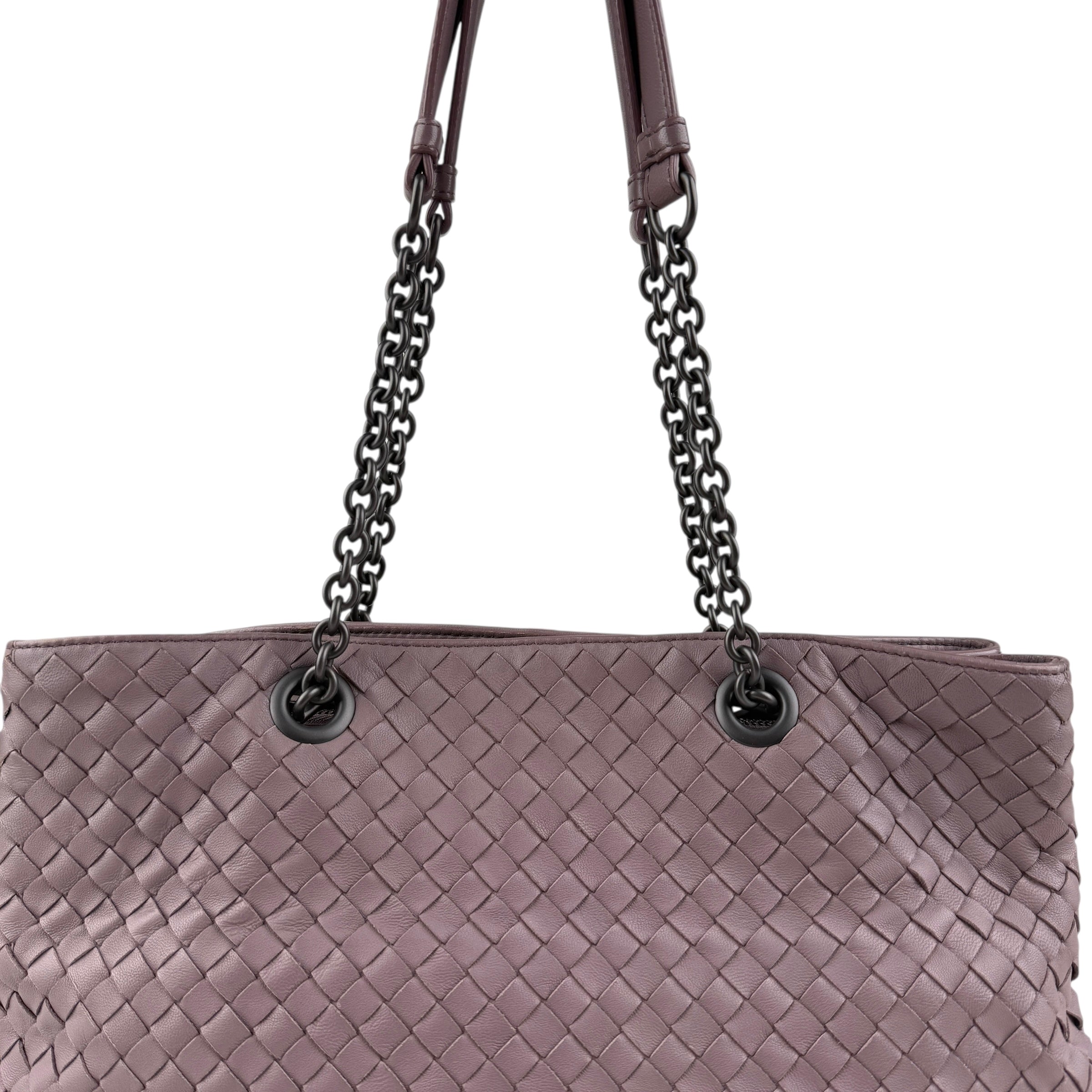Pre-owned bottega veneta lilac intrecciato leather double chain tote front