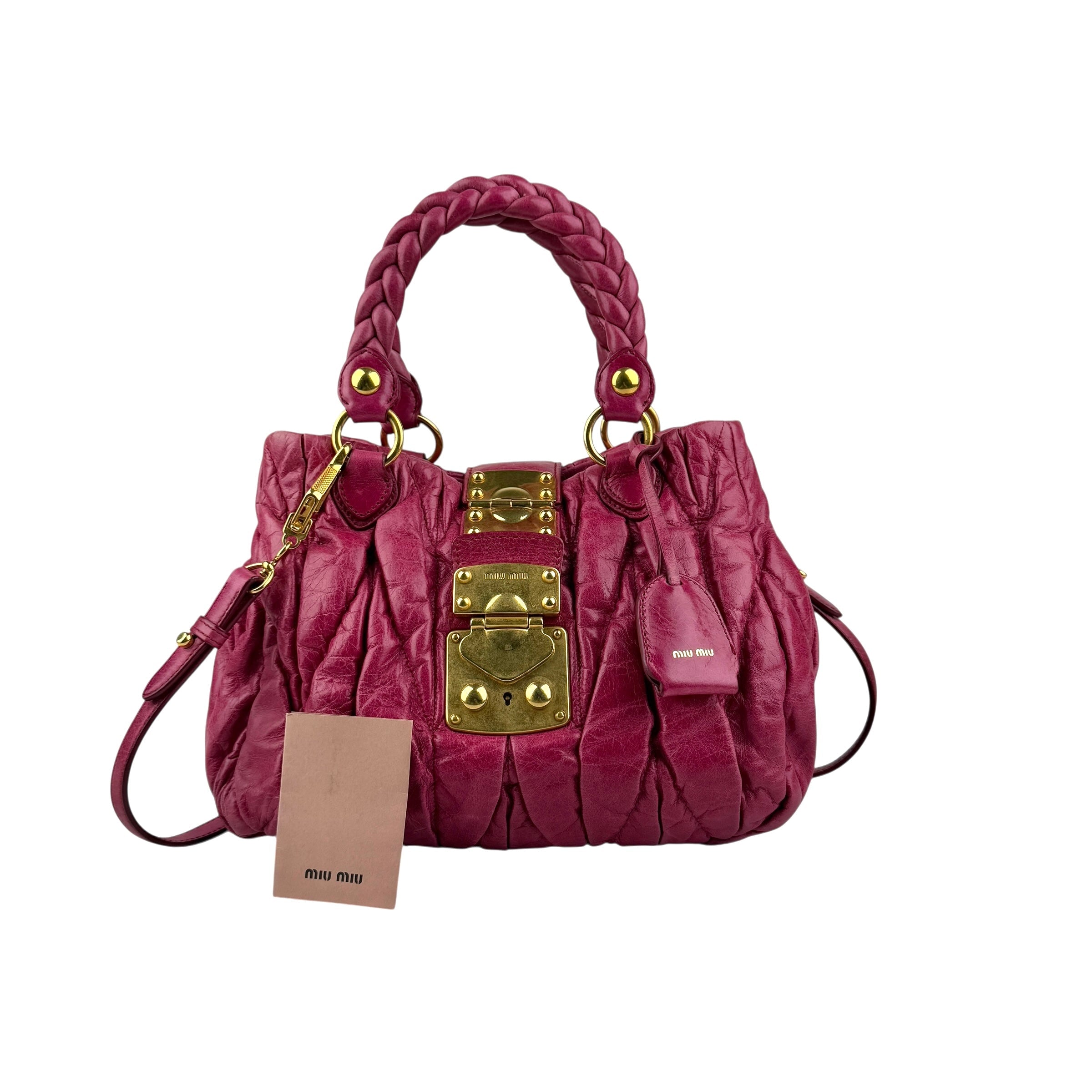 Pre-owned miu miu matelasse two-handle shoulder bag front back view