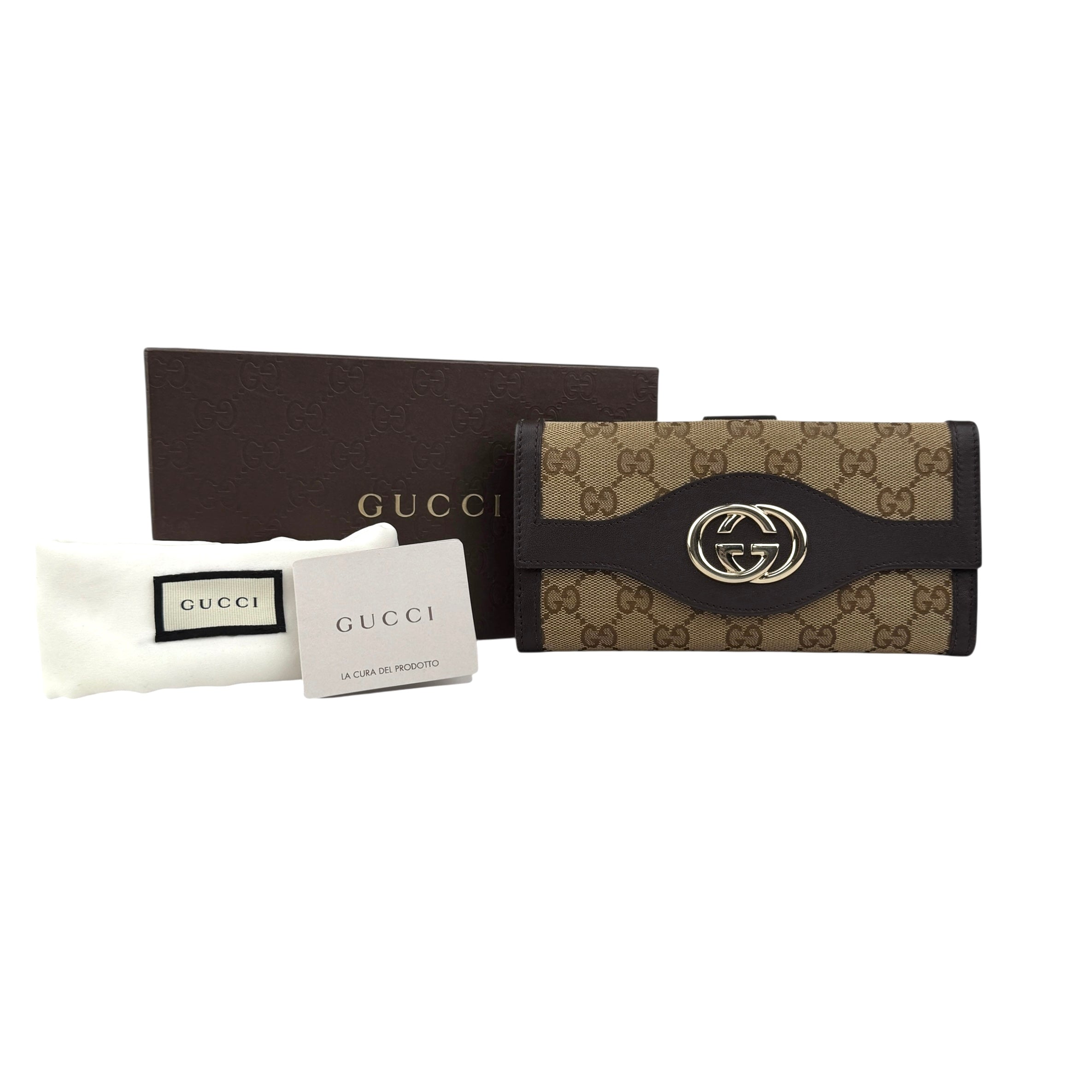 Pre-owned gucci-beige-brown-gg-canvas-leather-wallet back view
