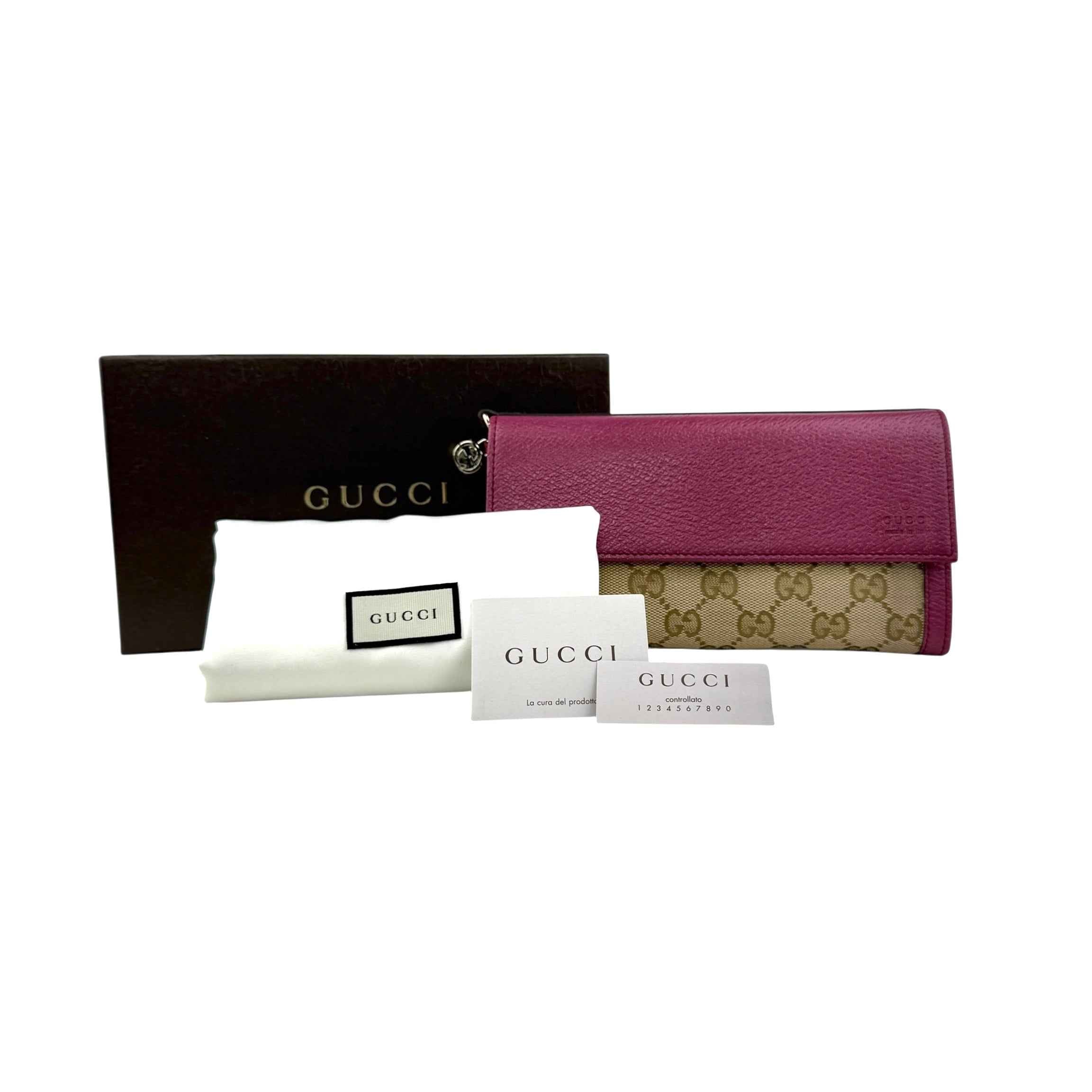 Gucci Calfskin GG Monogram Continental Wallet Beige Fuchsia