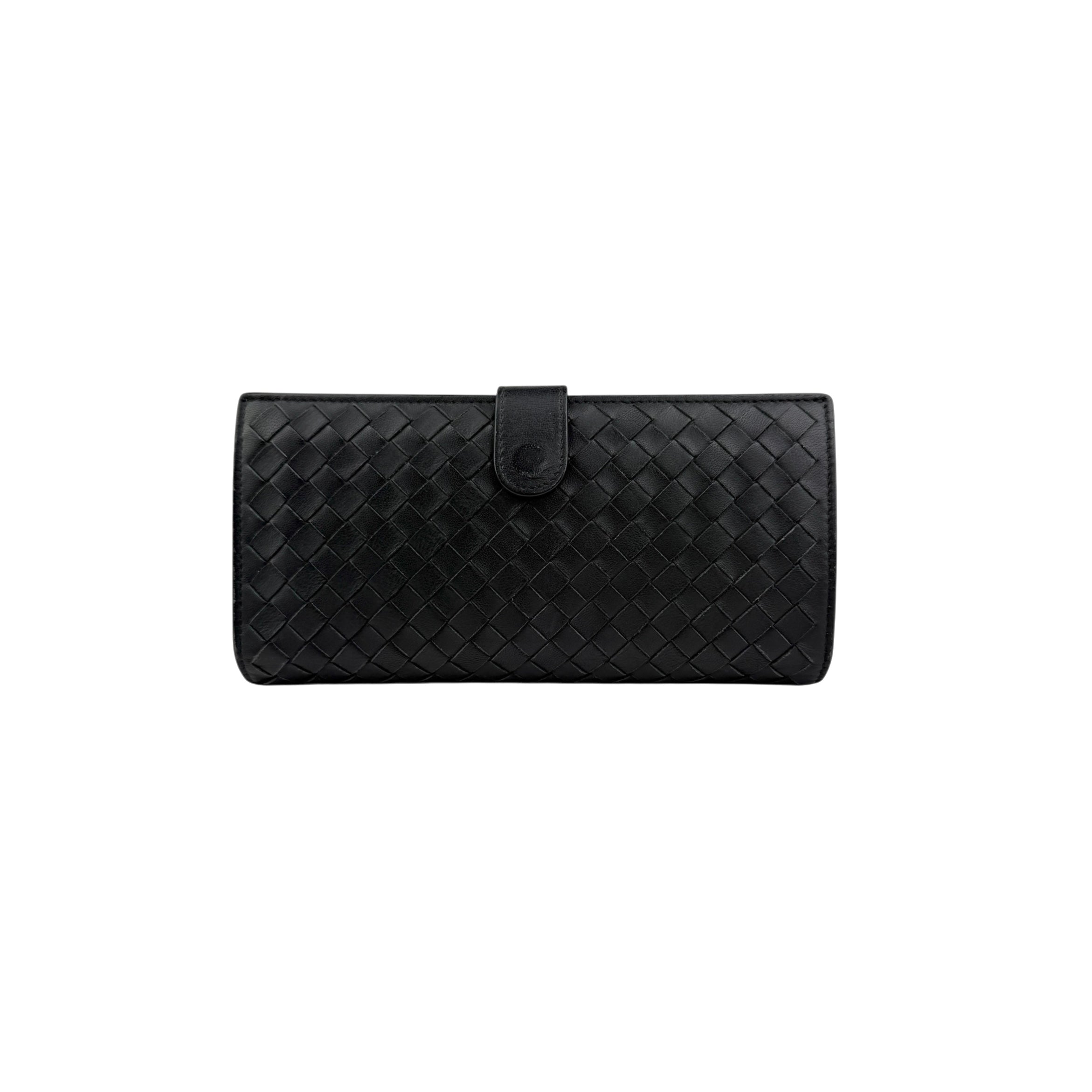 Pre-owned Bottega Veneta Black Intrecciato Woven Nappa Leather Continental Wallet wallet back view