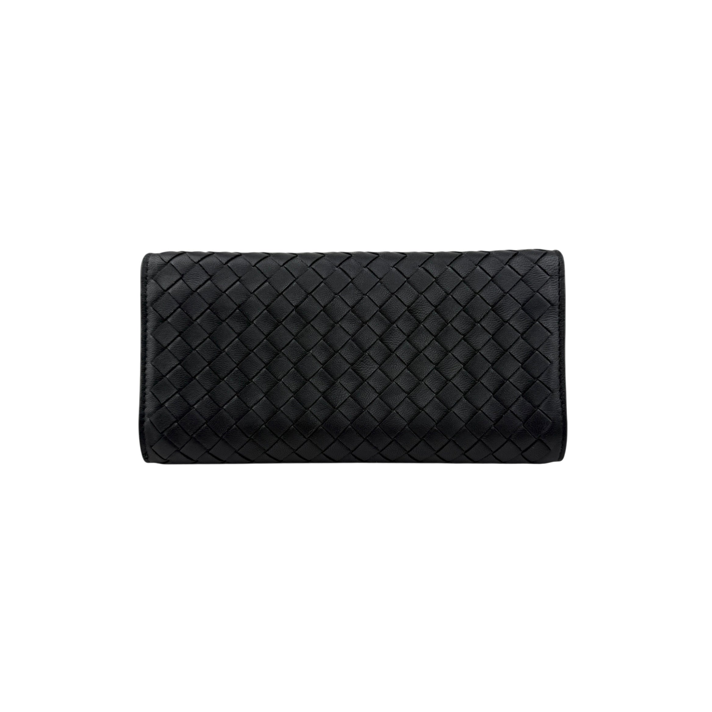 Pre-owned Bottega Veneta Black Intrecciato Woven Nappa Leather Continental Wallet wallet back view