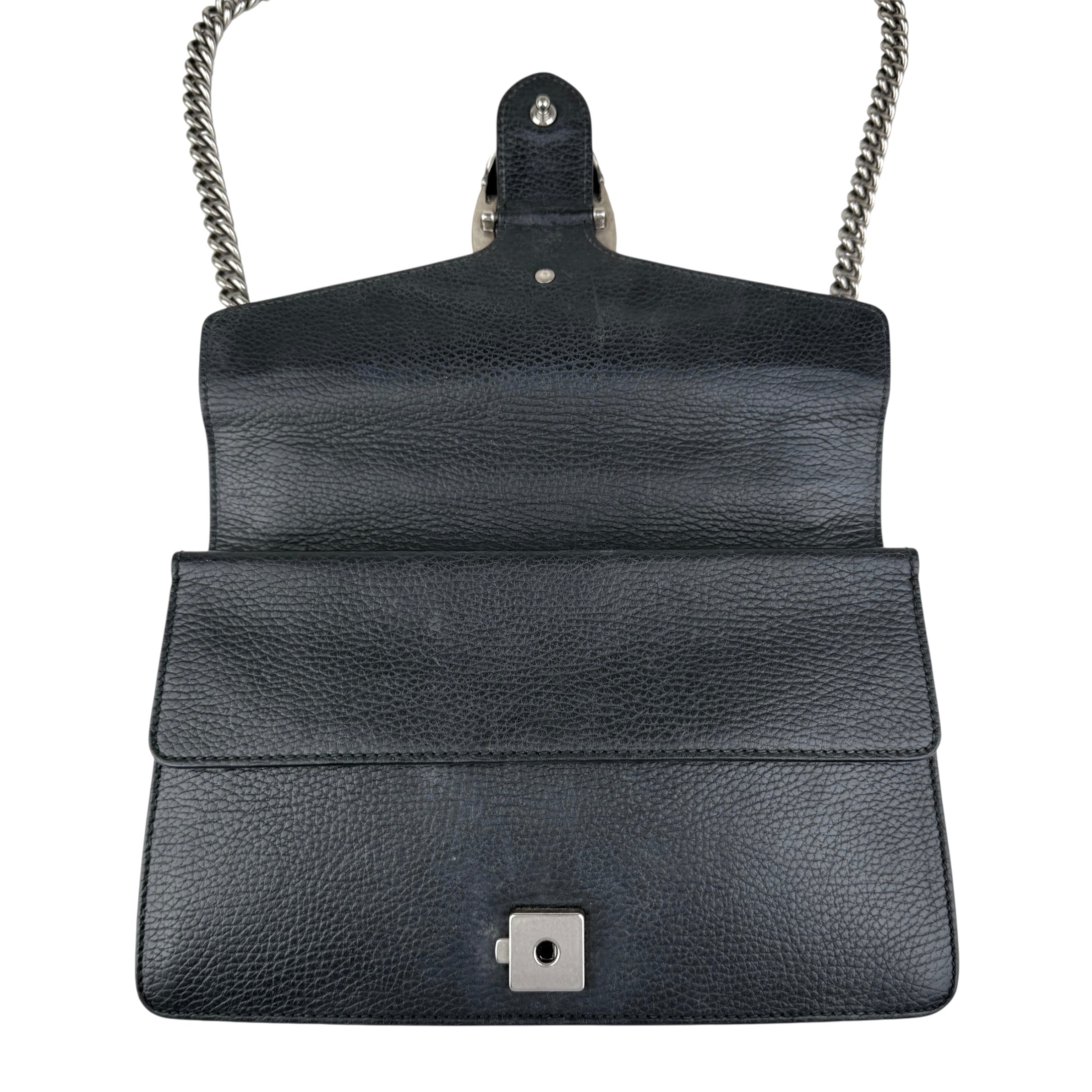 Pre-owned gucci black grained leather medium dionysus shoulder bag front