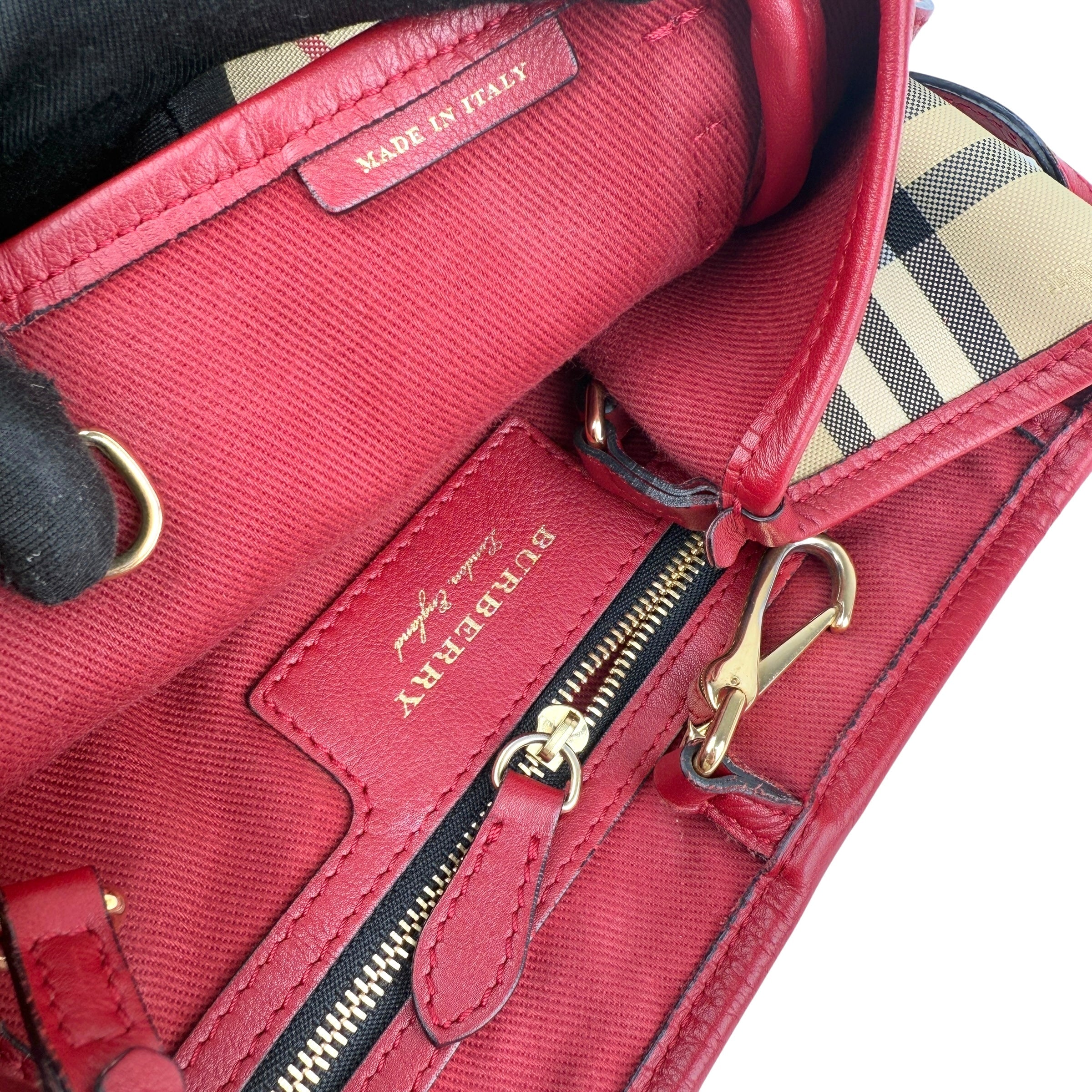 Pre-owned burberry red leather horseferry check canvas canterbury tote bag front