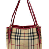 Pre-owned burberry red leather horseferry check canvas canterbury tote bag front