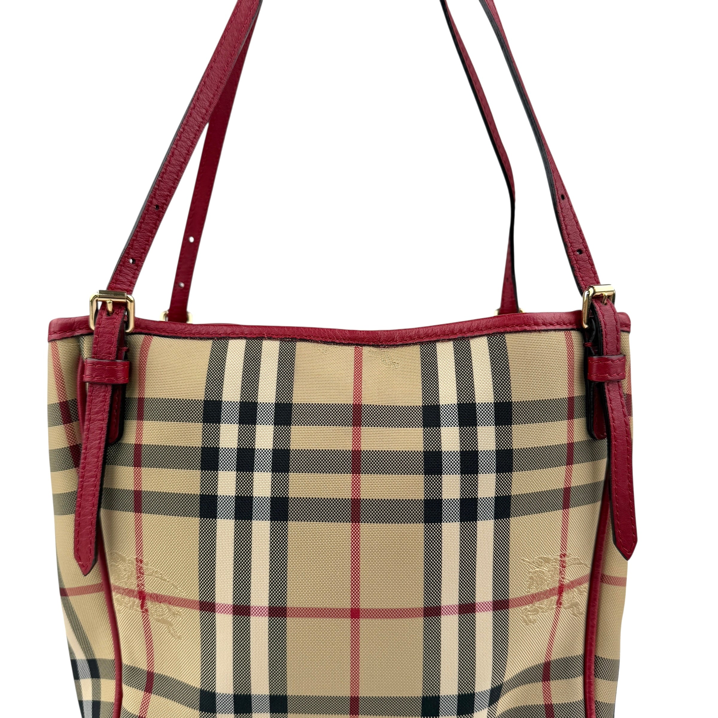 Pre-owned burberry red leather horseferry check canvas canterbury tote bag front