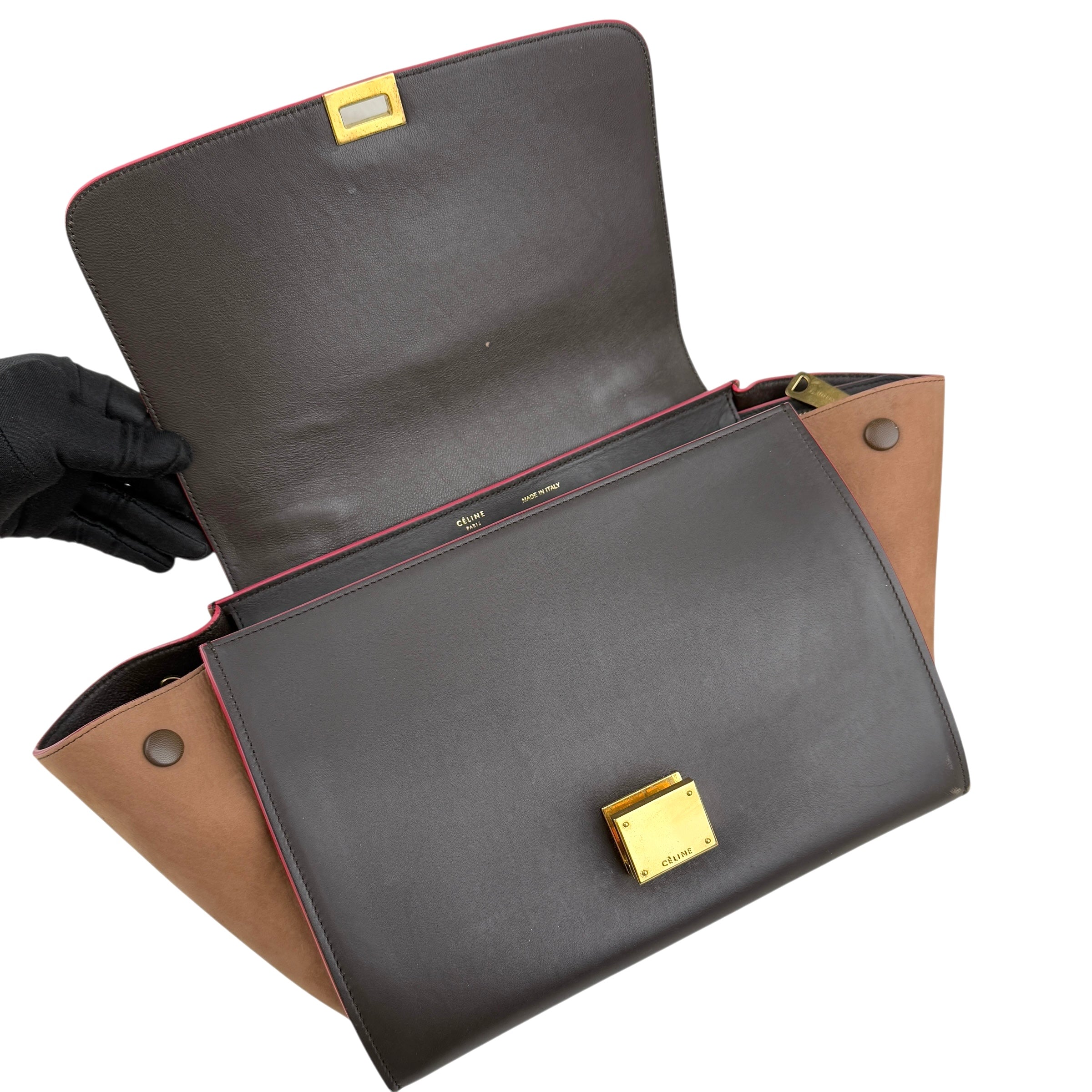 Pre-owned celine tricolor calfskin and suede trapeze satchel front