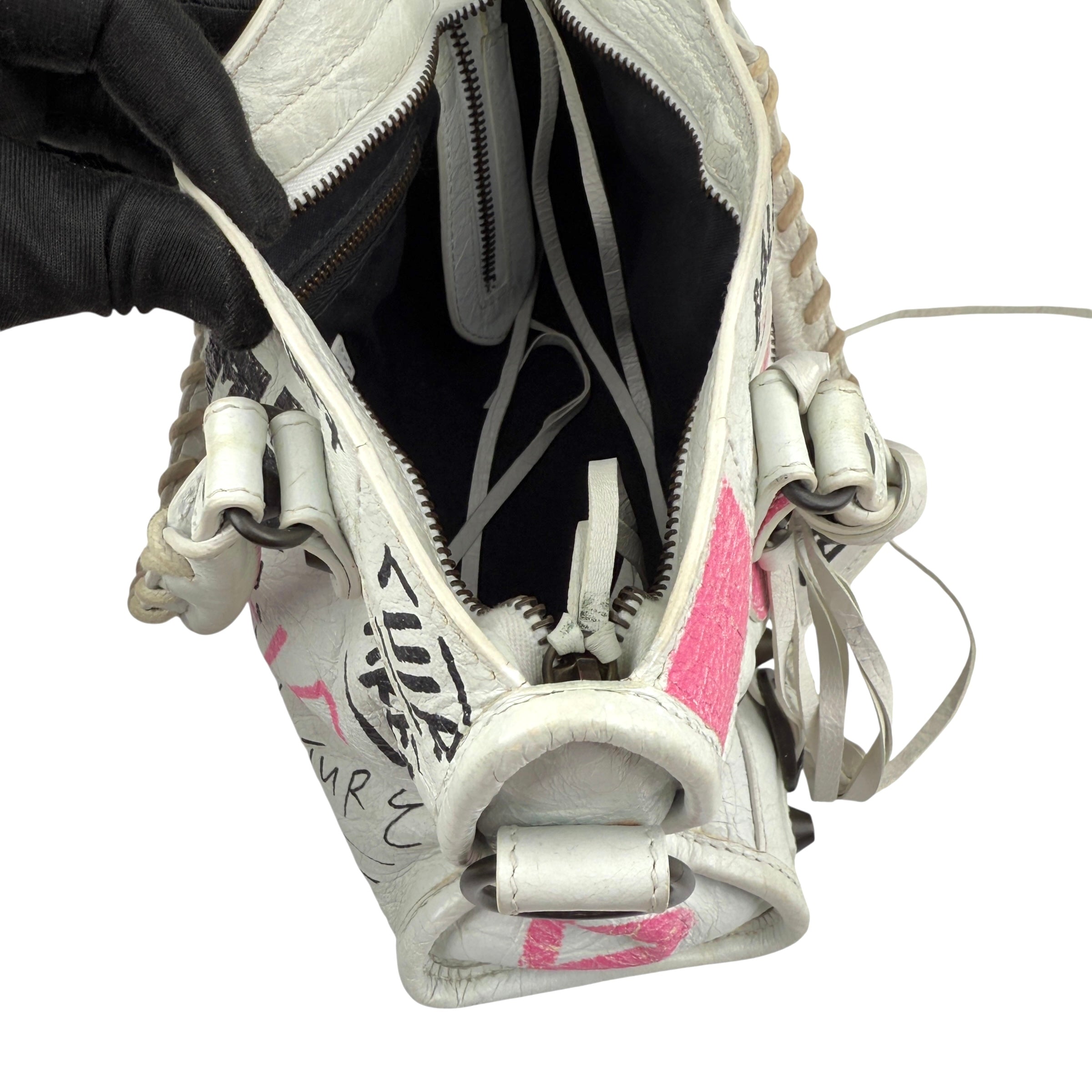 Pre-owned balenciaga agneau graffiti all over classic hardware mini city white multicolor front