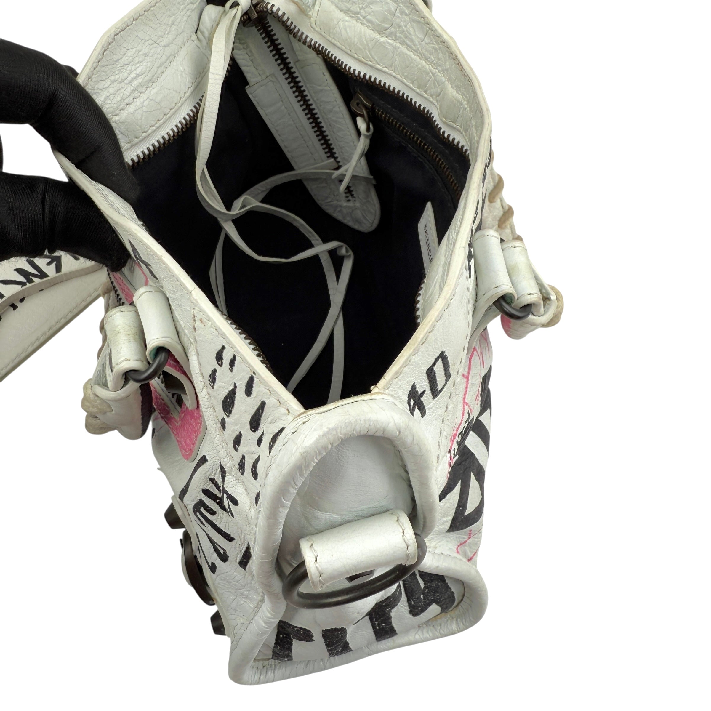 Pre-owned balenciaga agneau graffiti all over classic hardware mini city white multicolor front
