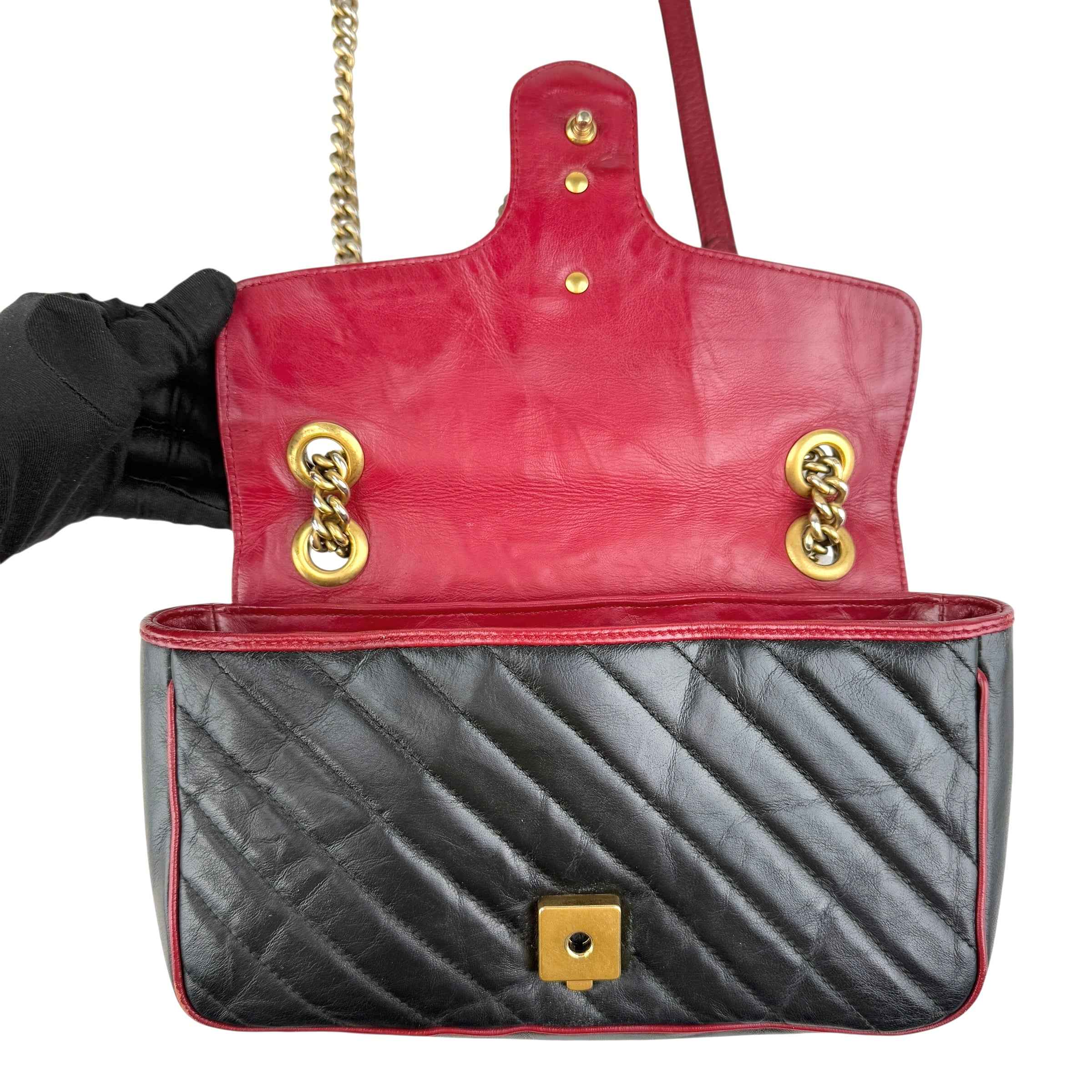 Gucci Black/RedQuilted Leather Marmont Torchon Flap Bag