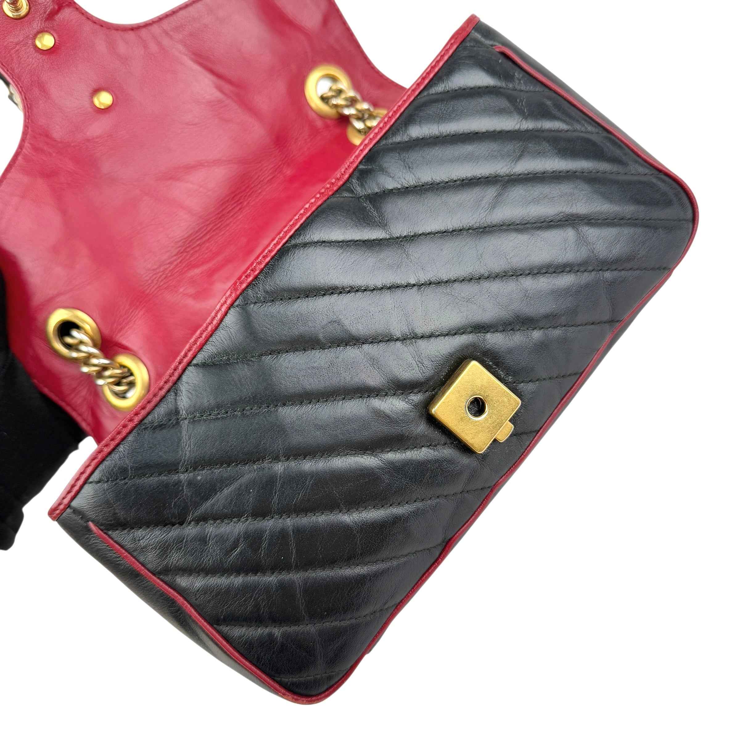 Gucci Black/RedQuilted Leather Marmont Torchon Flap Bag