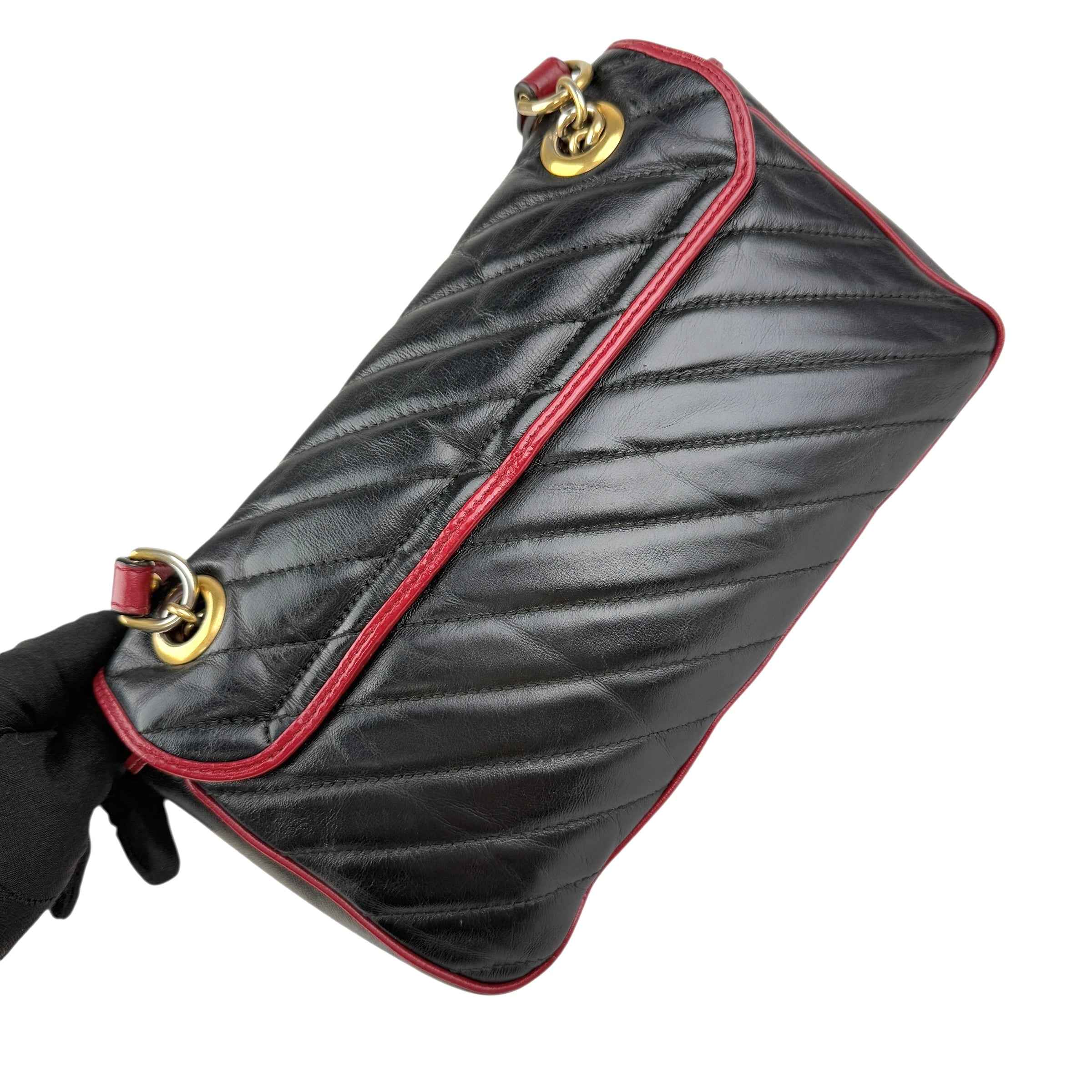 Gucci Black/RedQuilted Leather Marmont Torchon Flap Bag